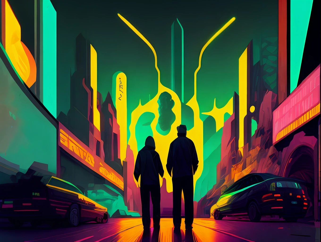 An illustration of contradiction, disputa, contabilidade cores neon por Kilian Eng