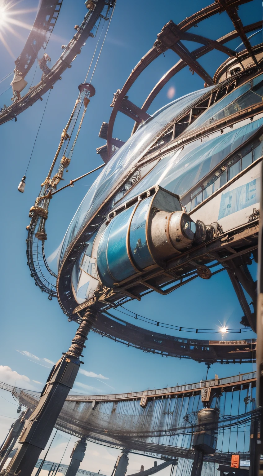 a heavily distorted, fading late morning clear sky, a singular object comprised of contorted feathers/machinery/pipes/rusted components is floating in the air, steel strings weave into each other, extra detail, 4kHD details, best resolution, surrealistic composition, extreme camera angle, motion blur, depth of field, foreshortening, tilted camera angle, cinematic lighting, movie scene, lens flare, fisheye lens perspective view, randomly placed 2D black squares hang in the sky