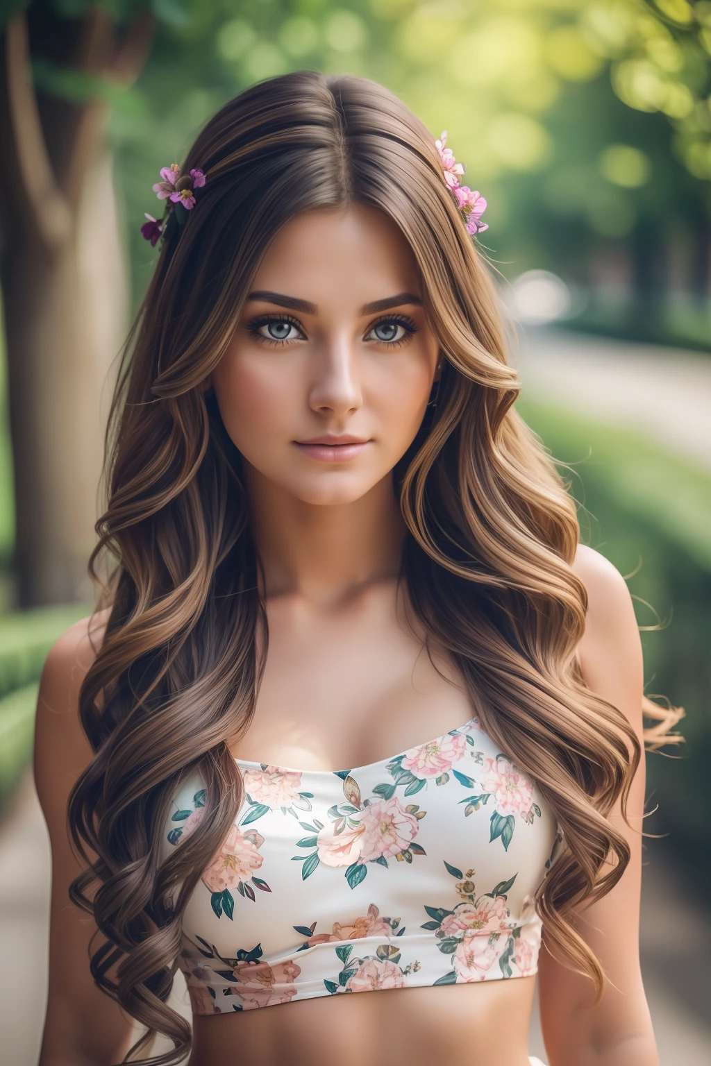 photography of a stunning girl, wearing a flowery vest top, long curled hair on one shoulder, heavy bust, looks into the camera, symmetrical eyes, symmetrical face, photorealistic, photography, path tracing, specular lighting, volumetric face light, path traced hair, visible shadows, intricate, elaborate