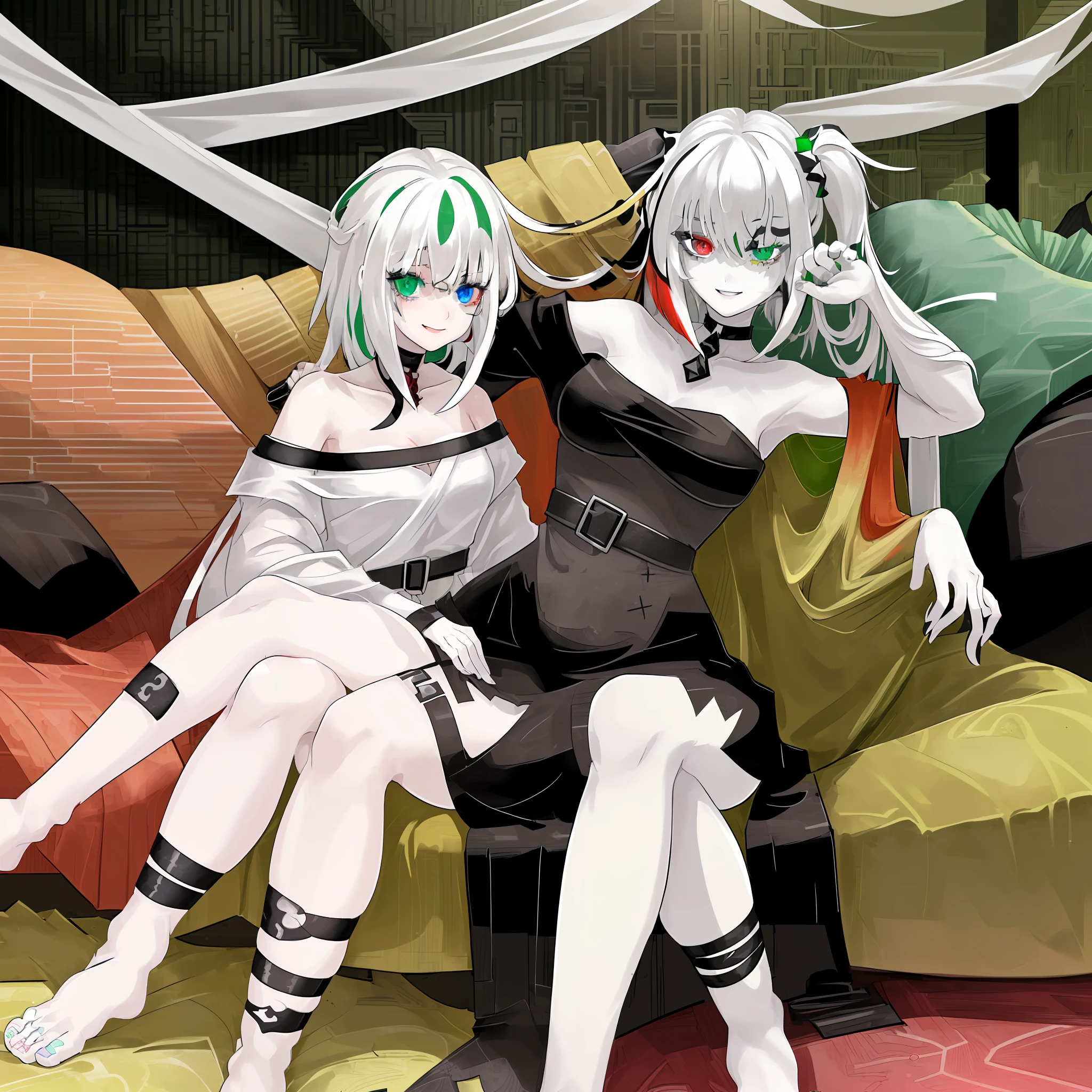 "1girl, ((heterochromia red right eye, green left eye)), ((((hair, half white, half black)))), shoulder off dress, sitting on a sofa, smiling, Flushed".