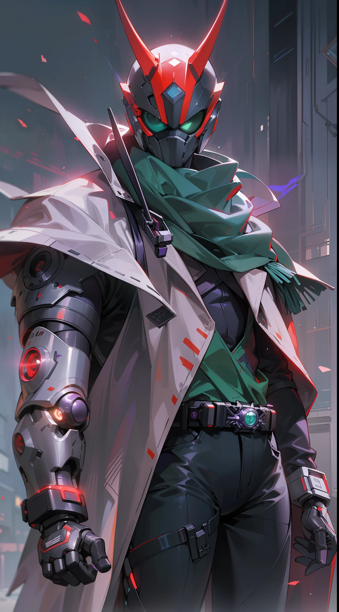 ((Best Quality, 8K, Masterpiece: 1.3)),((Amazing detail: 1.2)),((illustration: 1.1)),Kamen Rider,Combat posture,Red eyes,Eyes glow,Cyberpunk,Purple skin,Manga,Red floating scarf,Splash Art,Realistic,urban backdrop,Mechanical horns