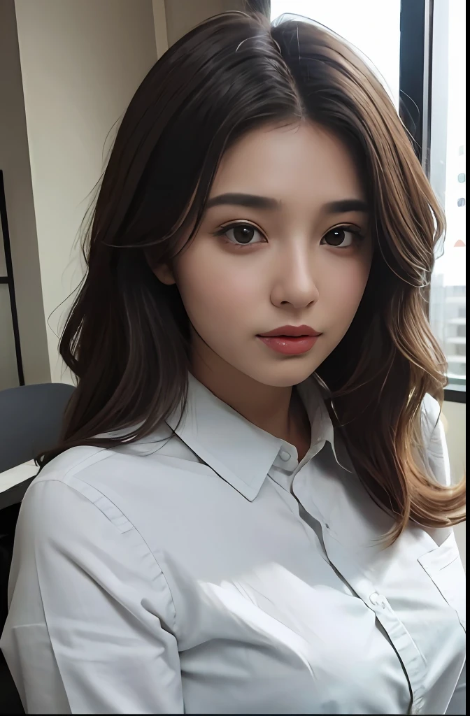 uma mulher, brown hair, olhos castanhos, Corpo em forma, cabelos longos, cabelo partido no meio, Cabelos lisos, de terno, in an office, office outfit, corpo detalhado, Olhos detalhados, master part, best quality, alta qualidade, RAW Camera, Realistic, pessoa real, korean