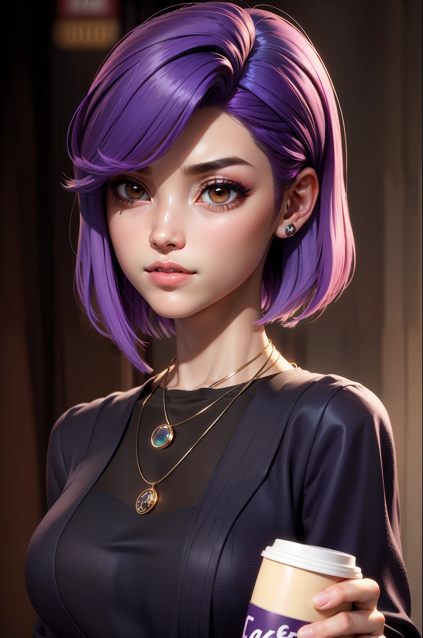 masterpiece, best quality, 3d rending work, 3DMM style, close-up, portrait, 3d, solo, purple hair, necklace, freckles, jewelry, two-tone hair, looking to the side, realistic, upper body, coffee shop and rainy outside background, bangs, looking away, ultra short hair, lips parted, brown eyes, lips, makeup, mole, suit