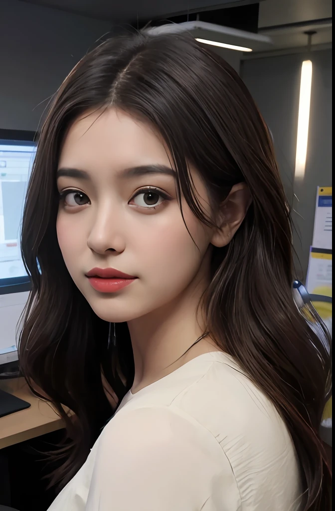uma mulher, brown hair, olhos castanhos, Corpo em forma, cabelos longos, cabelo partido no meio, Cabelos lisos, de terno, in an office, office outfit, corpo detalhado, Olhos detalhados, master part, best quality, alta qualidade, RAW Camera, Realistic, pessoa real, korean