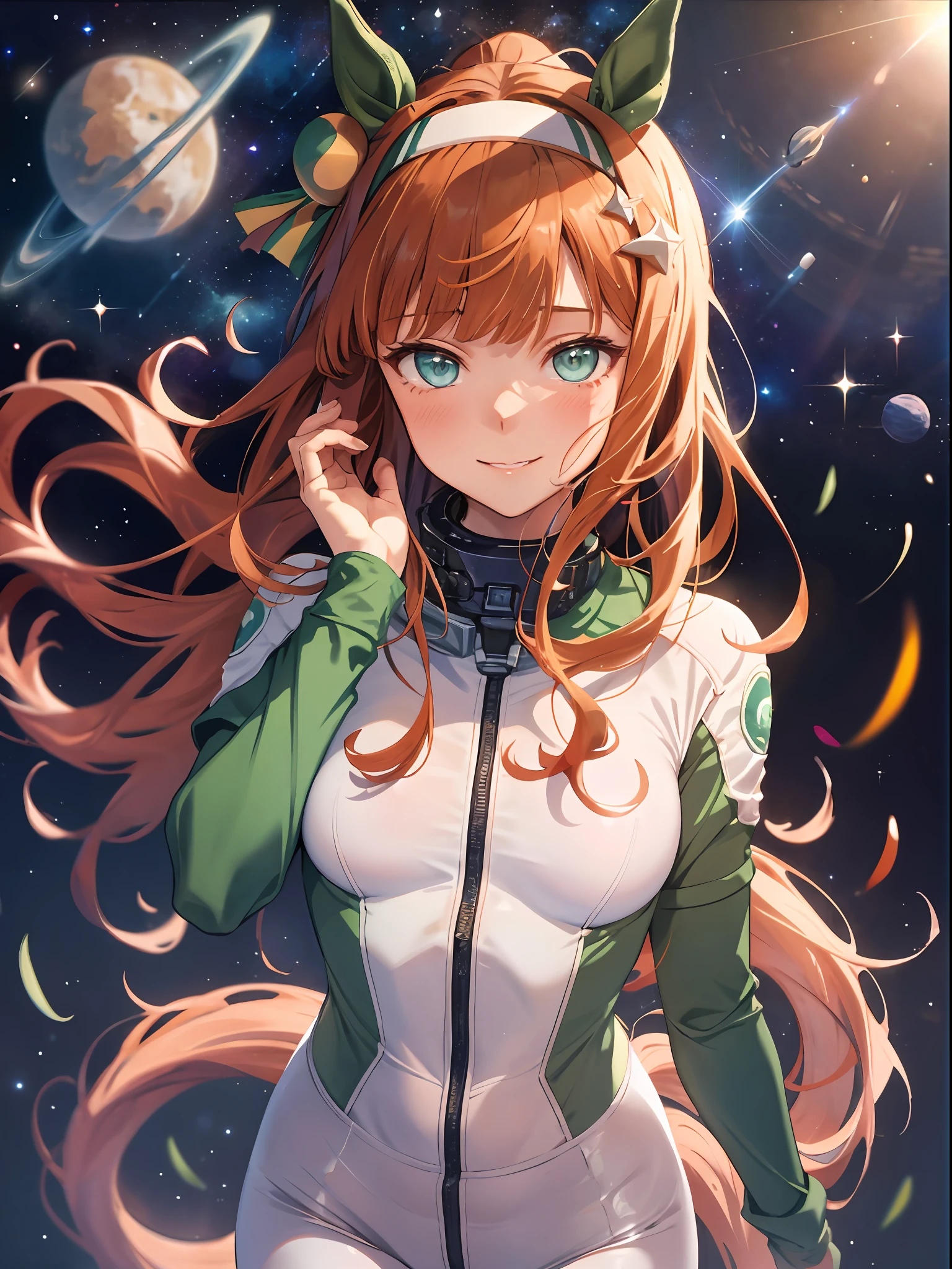 topquality, Horse Girl, Quiet Suzuka, ((Uma Musume))), Perfect skin, realisic skin, Detail Skin, 8K, (Breasts are small:1.4)Cosmanafta Costume, (pouring in the air), The girl looks at us, ssmile, joying, brown hair, hairlong, Cyan eyes, horse ears, ponytail on the lower back, it's hard to breathe, spacesuit, outer space, Earth in space, The Sun in Space, light reflection, Stars, Visibility in space, The girl weighs in the air