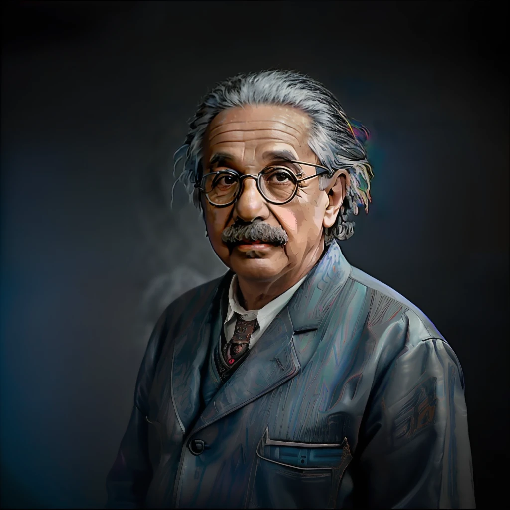 ((RAW, estilo, Extremely detailed full-body color photo of Albert Einstein with glasses, background lab, ((film grain, detalhes da pele, textura da pele altamente detalhada, 8k hdr, dslr))