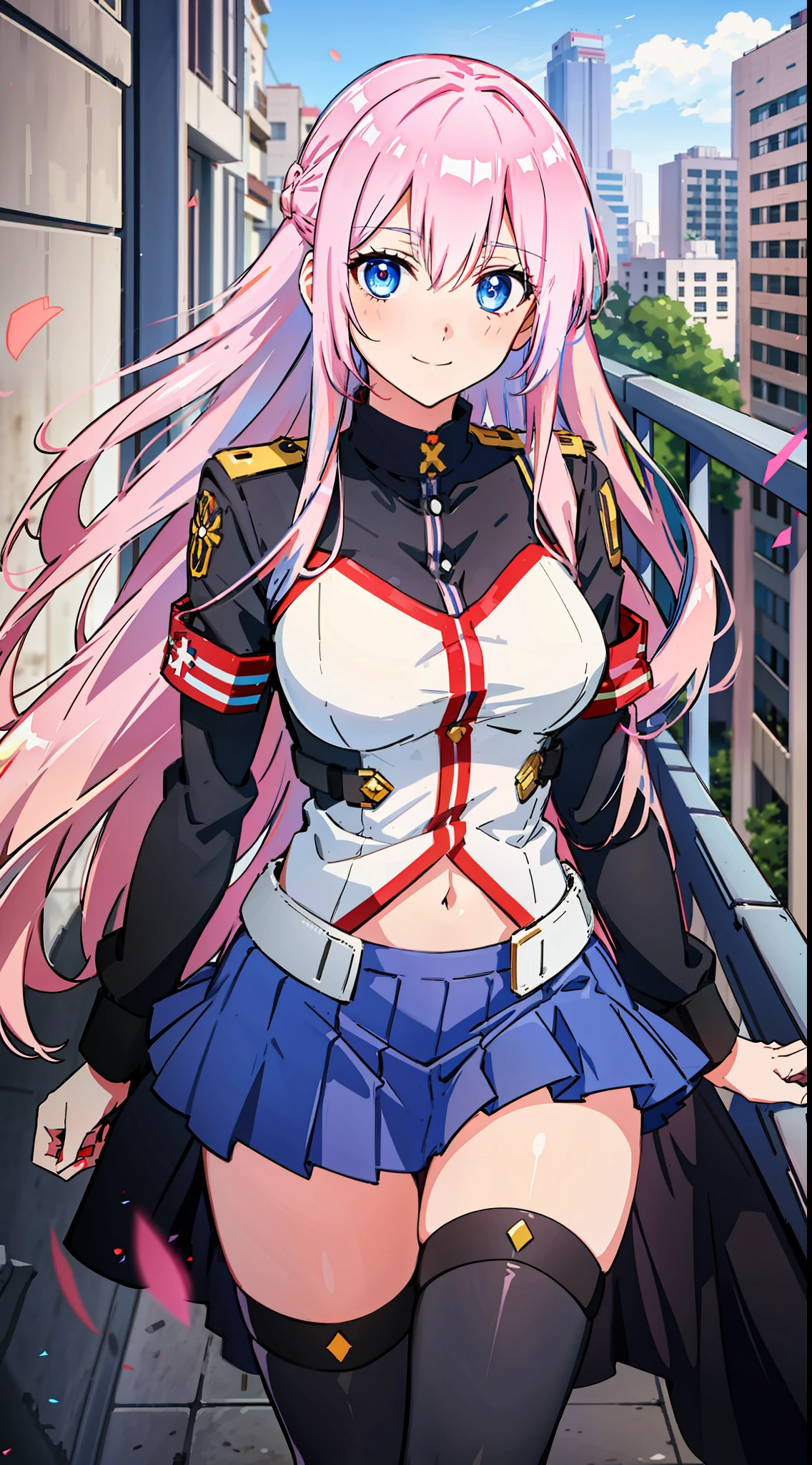 shikimori, slim legs, exposed navel, short skirt, beautiful eyes, blue eyes, happy, soldier uniform, pink hair, long hair, thigh high socks, balcony, full body,