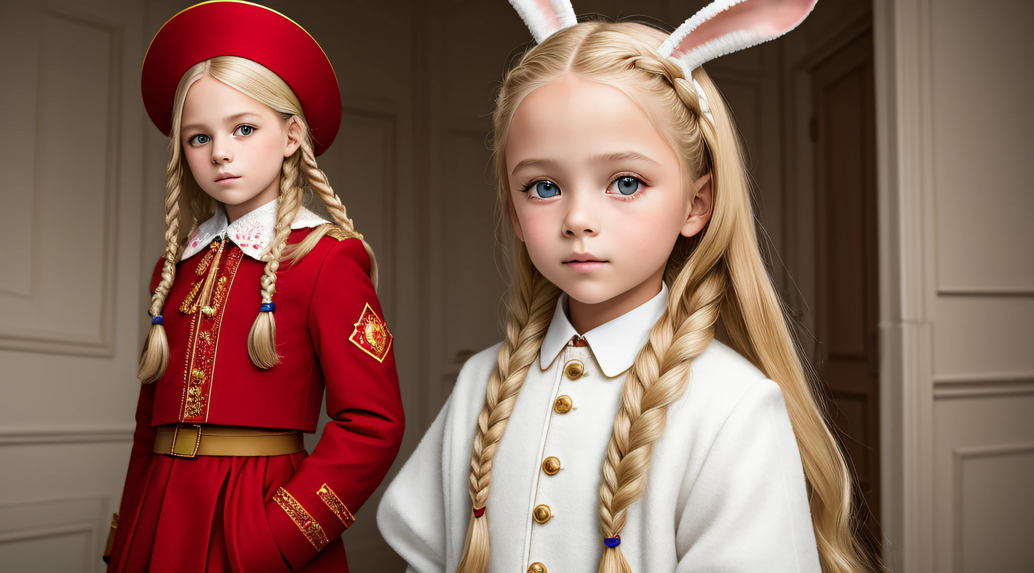 Girl , Russian blonde in braids, com roupa de jaqueta de couro vermelha, Estilo retrato, with white rabbit we arms