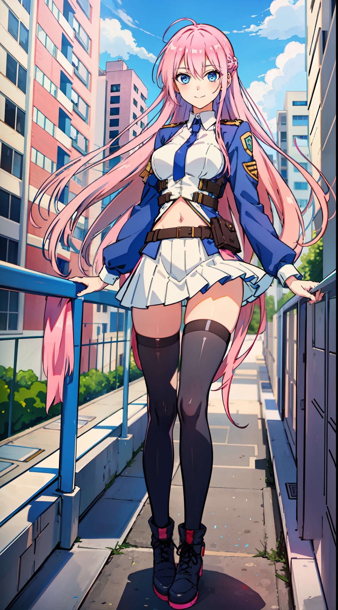 shikimori, slim legs, exposed navel, short skirt, beautiful eyes, blue eyes, happy, soldier uniform, pink hair, long hair, thigh high socks, balcony, full body,