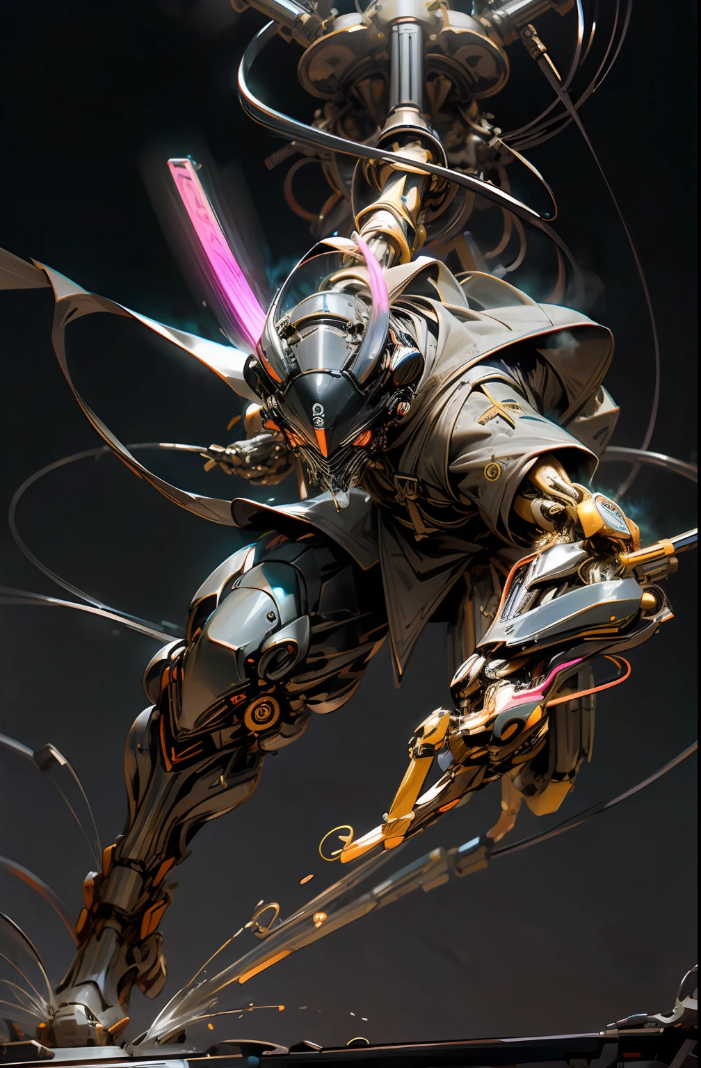 (complex mechanical component:1.6)、helmets、gas masks、(Neon liquid:1.2)、(neon wiring:1.2)、(Samurai costume:1.2)、(Dynamic Posing:1.3)、Irridescent color、cyberpunked、1man、Mechanical Marvel、droid