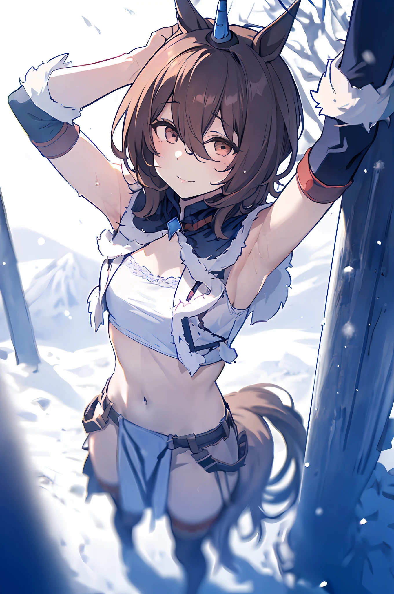 Very cute girl,(Umamusume,horse tail:1.1),snow mountains,1girl,Solo,brown hair,((kirin armor, bare thigh,navel,bare armpit,kirin hair)),top view,dynamic pose,BREAK (masterpiece, best quality,hyper detailed,correct anatomy,perfect anatomy, perfect hands,perfect fingers,shiny,chromatic aberration abuse,absurdres absolutely resolution,pastel color,unity 8k wallpaper,perfect lighting,beautiful face),