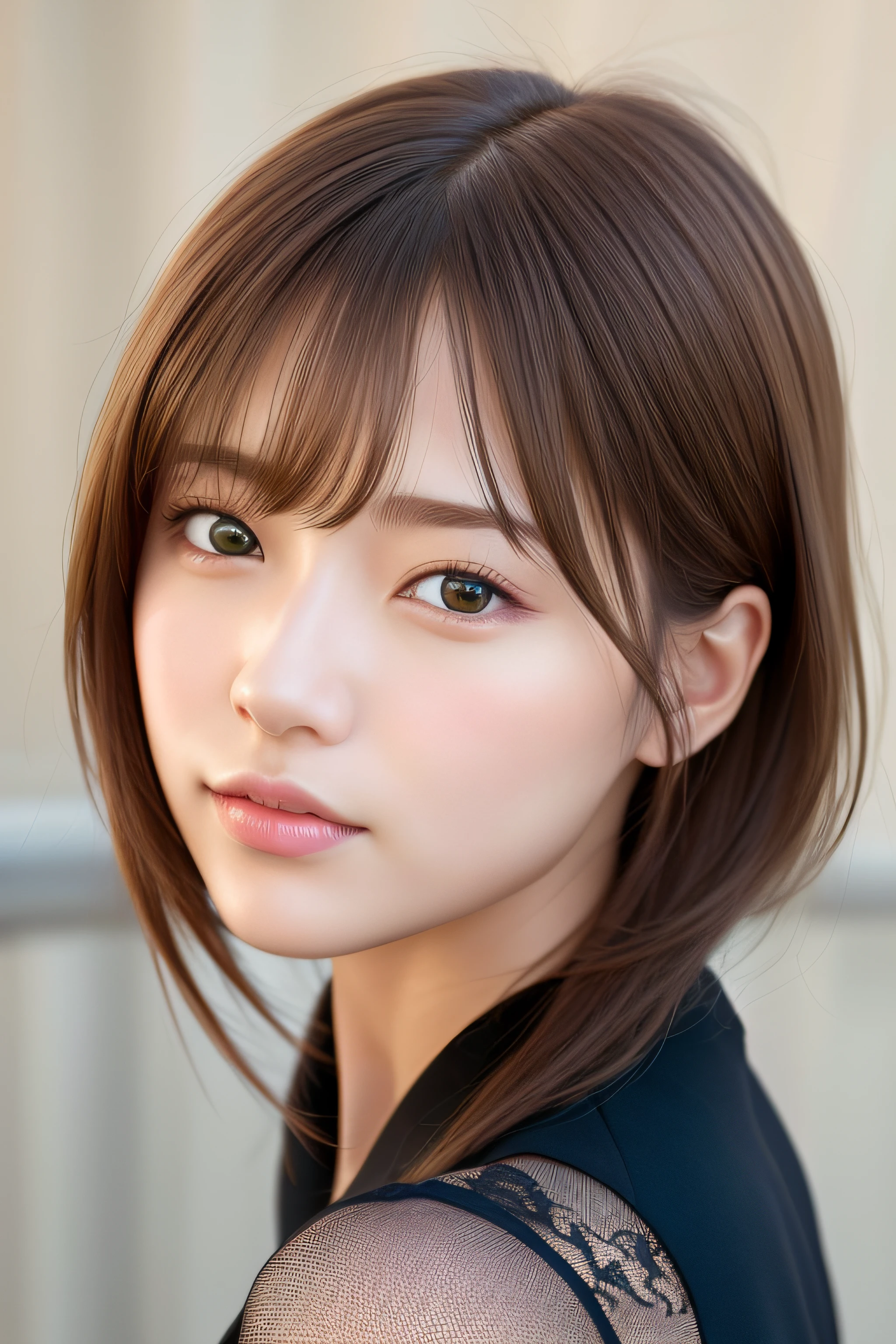 top-quality、masterpiece、(Realism:1.5)、 1 人、brown haired、brown-eyed、frontage、A detailed face、beautidful eyes