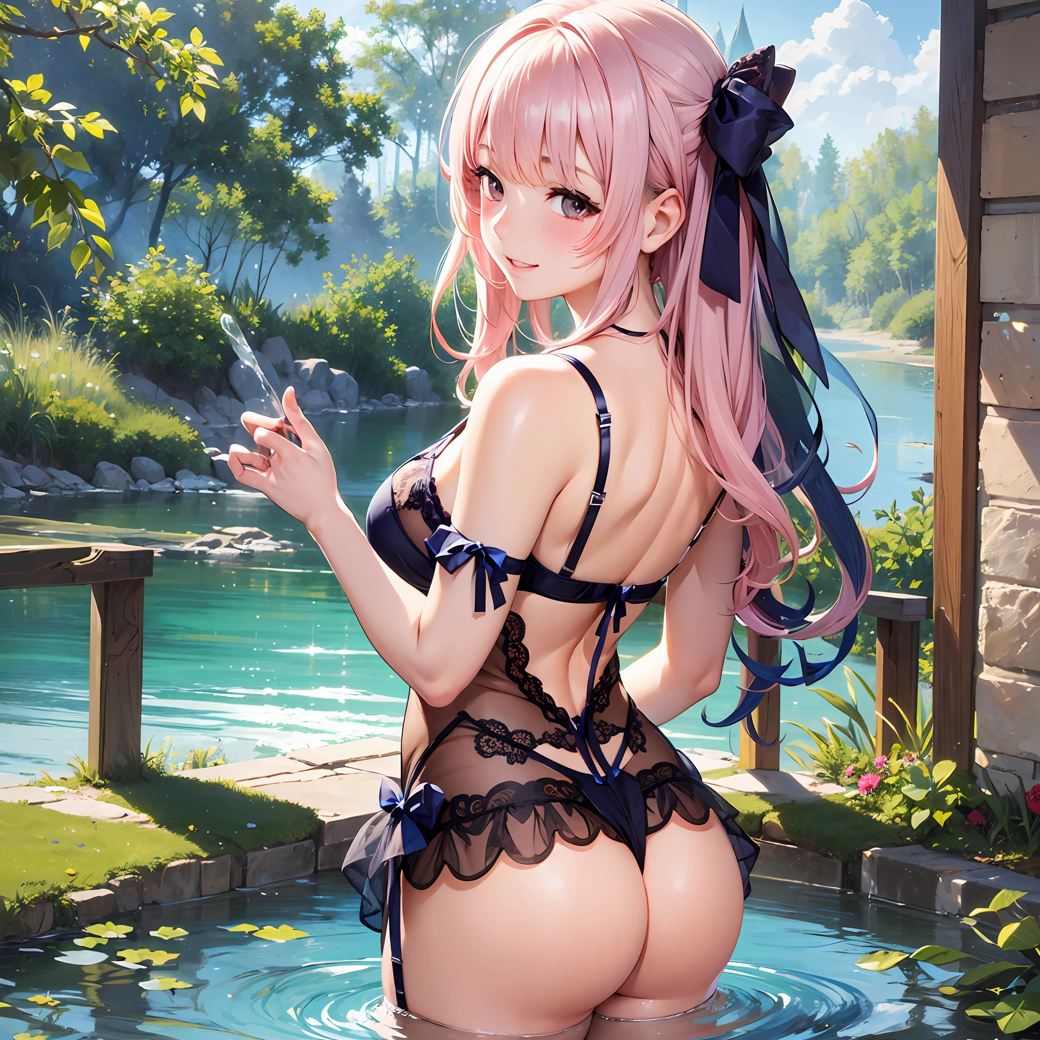 (Naked:1.3), (Lingerie transparent:1.4), (Clear bikini:1.4),(Blushing face:1.4), Smiling, Cowboy shot, ((G cup)),Pink tits,Cock your ass,angle from behind,The eyes have starlight,cabelos preto e longos,spread thighs,florals, Bow knot, Blushlush,Playing in the water