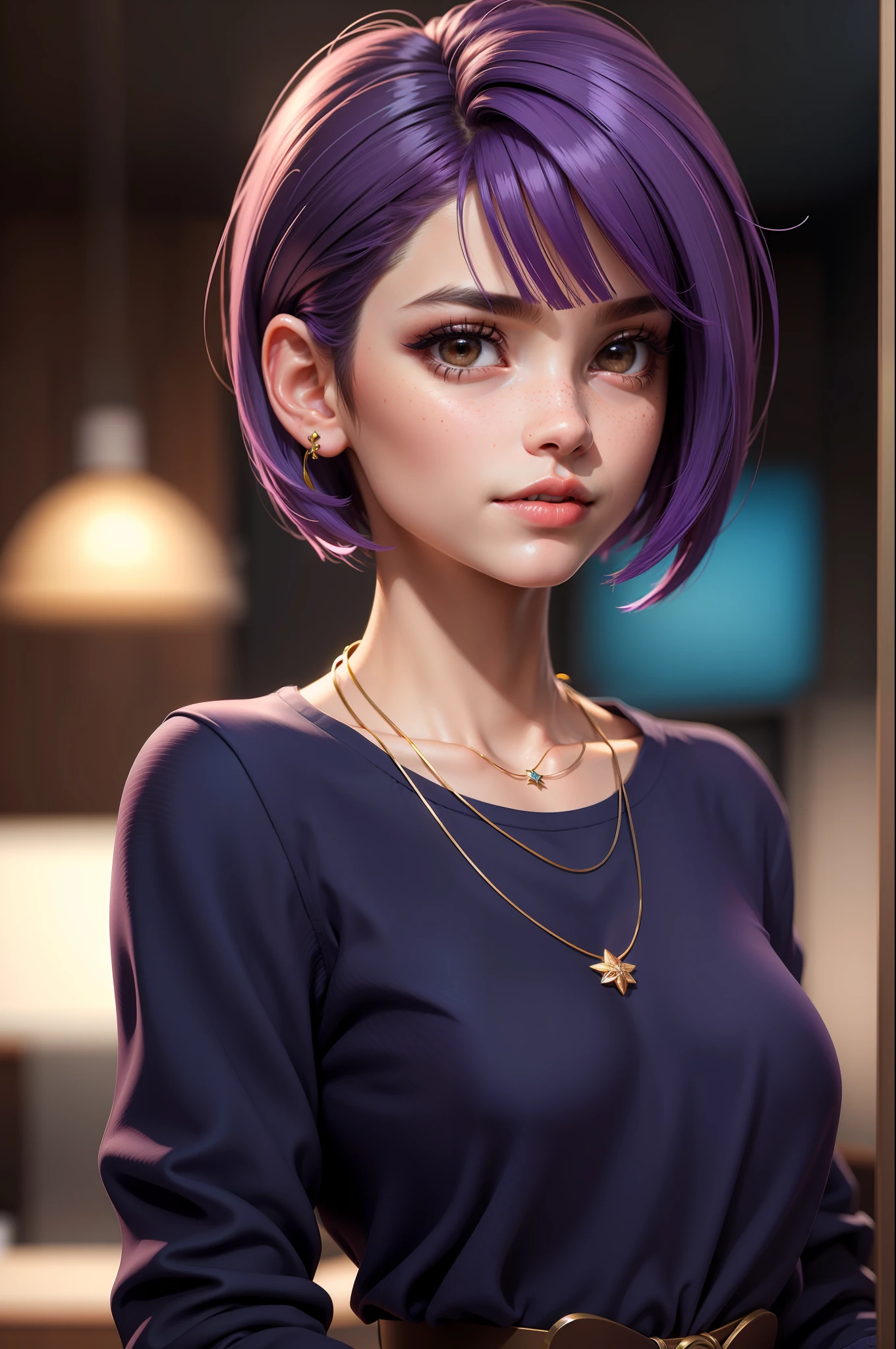 masterpiece, best quality, 3d rending work, 3DMM style, close-up, portrait, 3d, solo, purple hair, necklace, freckles, jewelry, two-tone hair, looking to the side, realistic, upper body, coffee shop and rainy outside background, bangs, looking away, ultra short hair, lips parted, brown eyes, lips, makeup, mole, suit