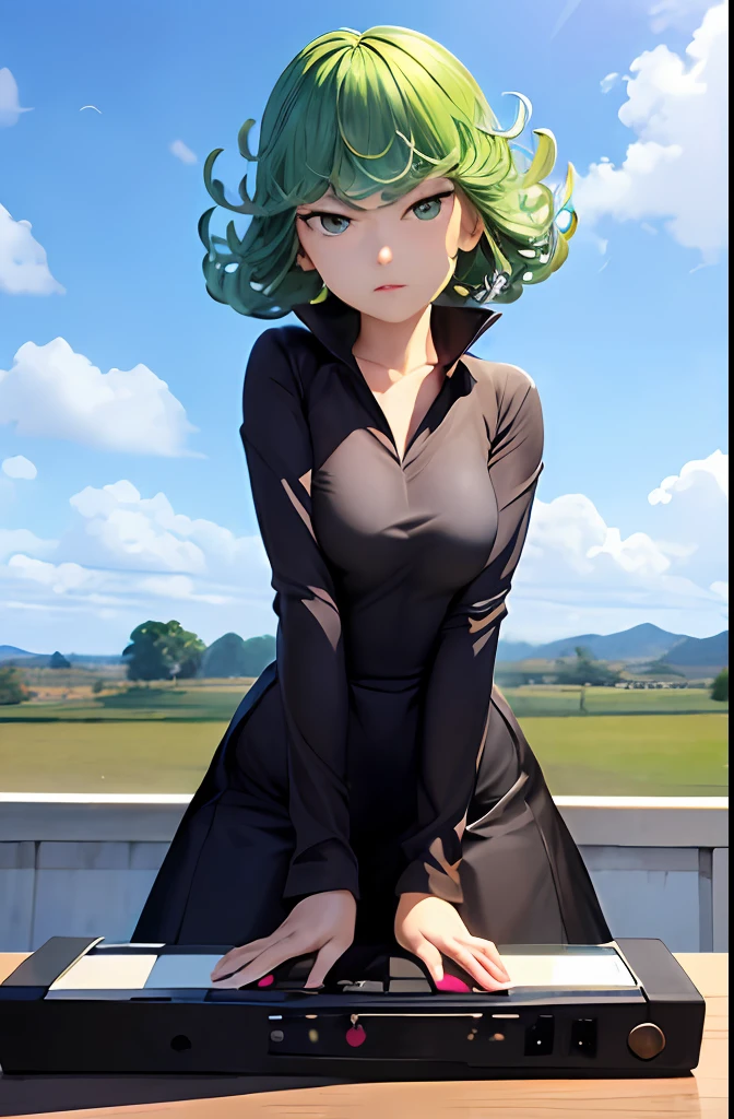 (masterpiece, best quality:1.2), cowboy shot, solo, 1girl,
tatsumaki tatsumaki, unamused, closed mouth, looking at viewer, crossed arms, black dress, blue sky, clouds a DJ, showcasing her skills on the turntables at a vibrant rave."