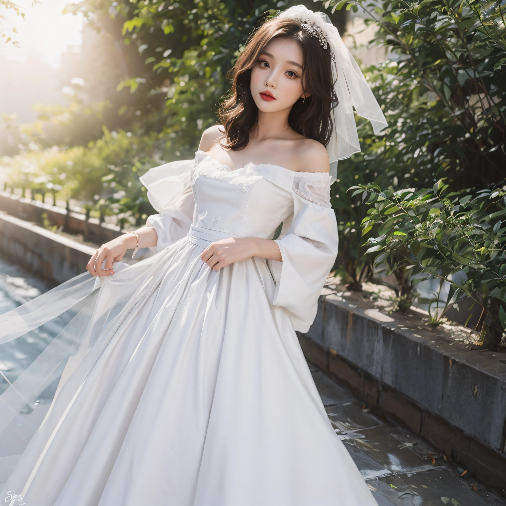 Beautiful 22 year old young lady perfect height ratio wearing white wedding tight dress, off-the-shoulder waist ribbon, slender fingers