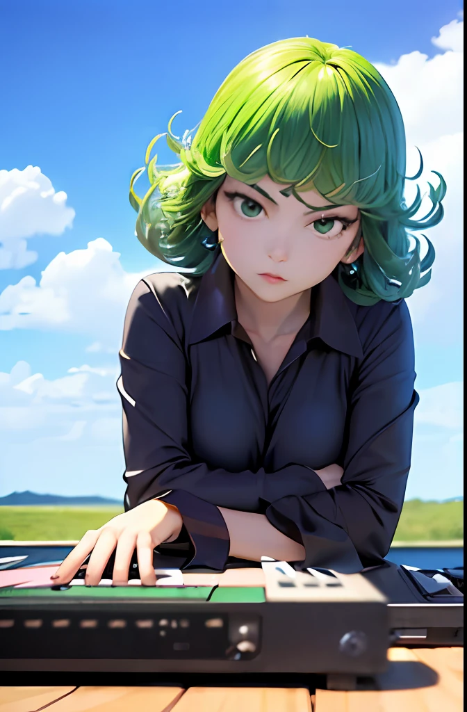 (masterpiece, best quality:1.2), cowboy shot, solo, 1girl, 
tatsumaki tatsumaki, unamused, closed mouth, looking at viewer, crossed arms, black dress, blue sky, clouds  a DJ, showcasing her skills on the turntables at a vibrant rave."