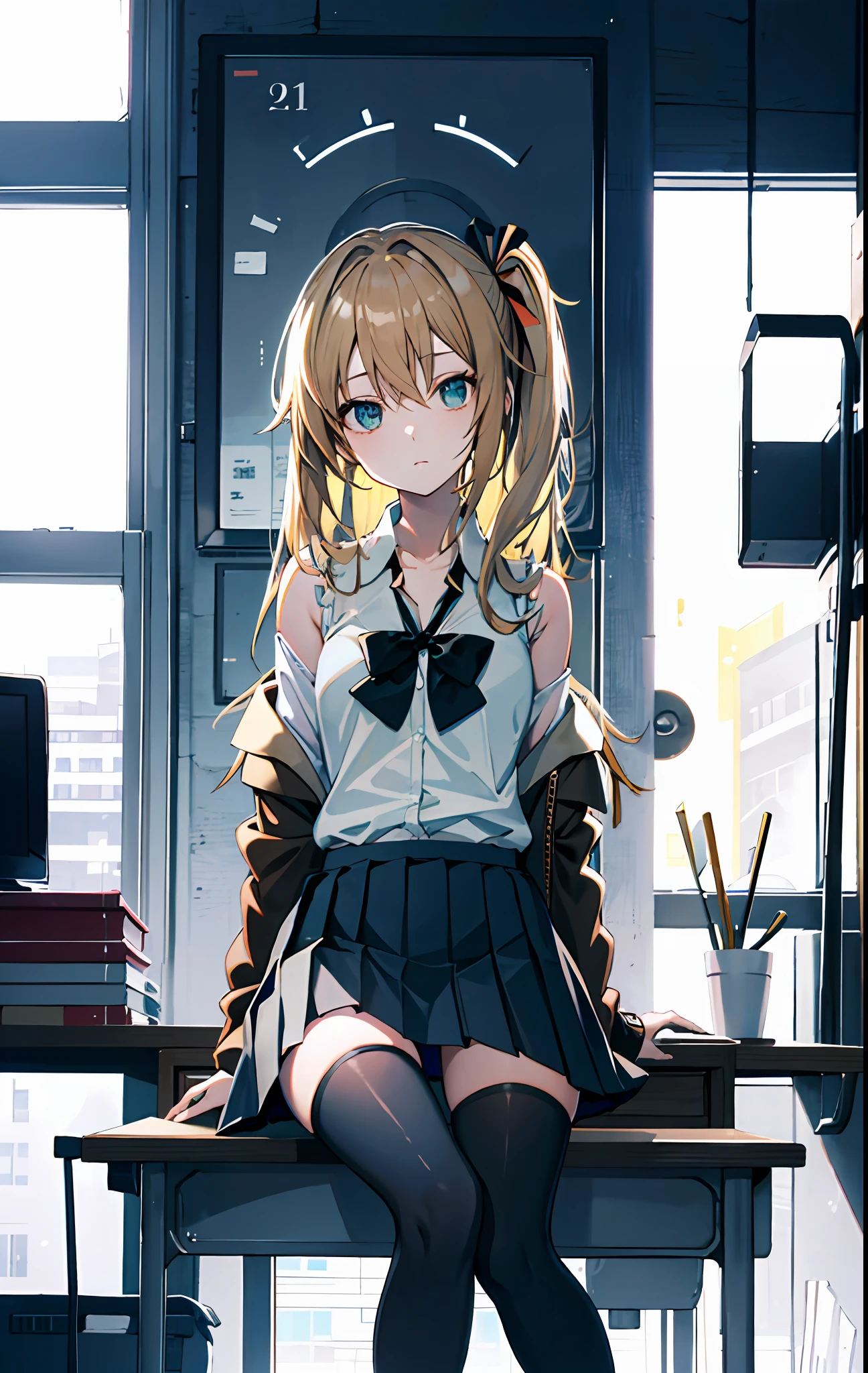 an anime girl sitting on top of a desk, 1girl, solo,  long hair, black skirt, shirt, thighhighs, sleeveless shirt, sitting, sleeveless, pleated skirt, looking at viewer, indoors, off shoulder, collared shirt, open clothes,  ,  black thighhighs,  green eyes,  desk, bowtie, shy, bow,1girl, Cecilia,more_details:-1, more_details:0, more_details:0.5, more_details:1, more_details:1.5