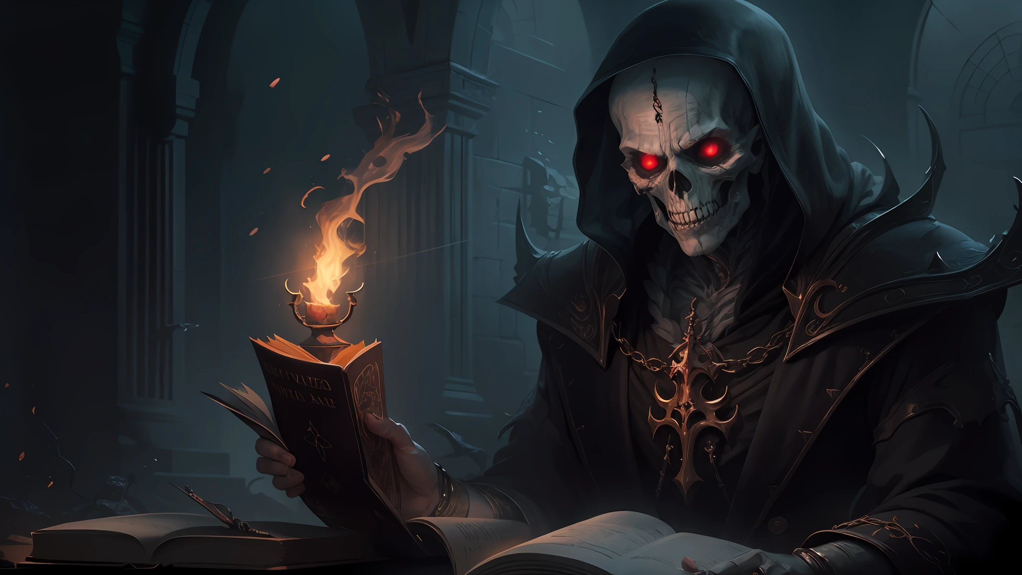 Highest quality,Masterpiece,Handsome and beautiful vampire necromancer reading a book in a dark room, dark but detailed digital art, Book of the Dead, horror fantasy art, detailed 4k horror artwork, Horror stories, dark fantasy horror art, Crypt legends, fantasy horror art, Read an evil devil's book, highly detailed dark art, portrait of the old necromancer