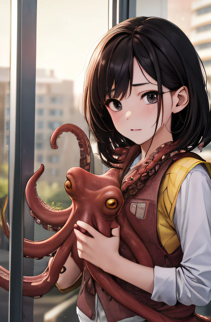 octopus, 1girl, matured female, face focus, vest, bow, best quality, hires, detailed face, office, buildings from window, detailed background, diffused sunlight, depth of field, bokeh