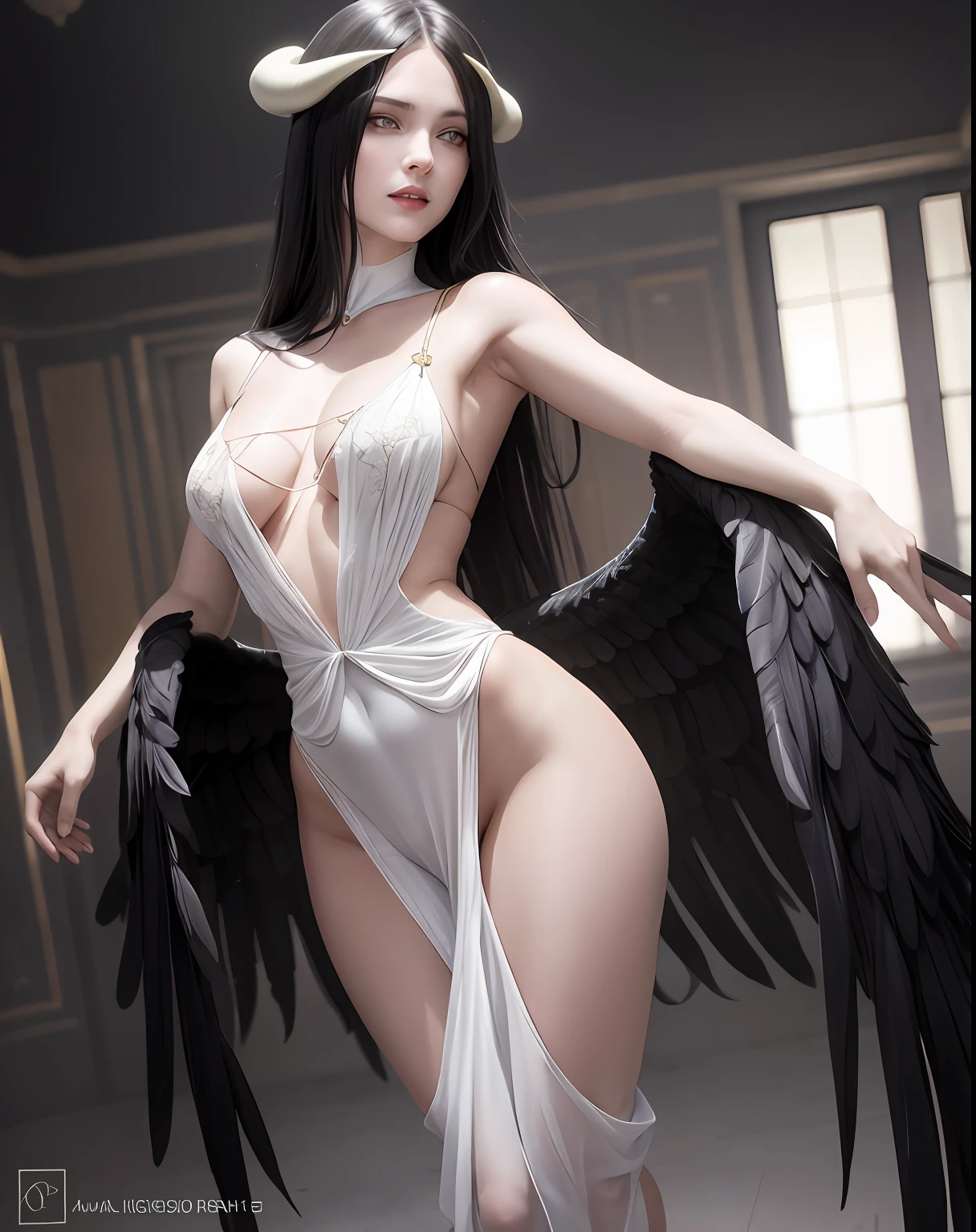 masterpiece, best quality, absurdres, perfect antomy ,1girl,solo ,  dark background,   ,large breasts, long hair, black hair, wings, black wings, horns,pale skin:1.5, intricate, fantasy,    floating black feathers,   , small head,large wings, fallen angel, evil smile,  small pupils , glowing eyes, white skin, yellow eyes, realistic, cinematic lighting ,  feminine face, lusty, sharp focus,full body, sexy pose, octane render,   long dress, looking at viewer,