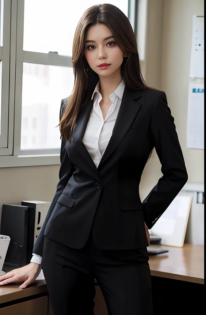 A woman, brown hair, brown eyes, shapely body, long hair, hair parted in the middle, straight hair, in a suit, in an office, office outfit, detailed body, detailed eyes, masterpiece, best quality, high quality, camera raw, realistic, real person