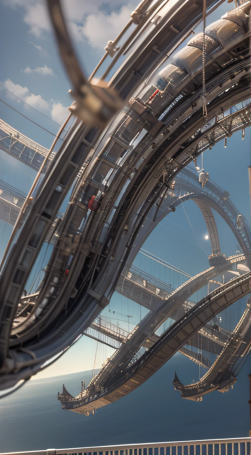 a heavily distorted, fading late morning clear sky, a singular object comprised of contorted feathers/machinery/pipes/rusted components is floating in the air, steel strings weave into each other, extra detail, 4kHD details, best resolution, surrealistic composition, extreme camera angle, motion blur, depth of field, foreshortening, tilted camera angle, cinematic lighting, movie scene, lens flare, fisheye lens perspective view