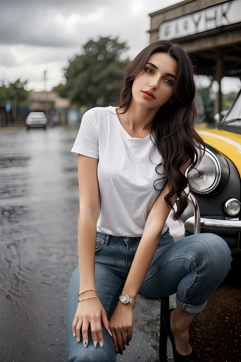 ((Best Quality, 8k, Masterpiece:1.3)), Focus: 1.2, Perfect Body Beauty: 1.4, Arabian 27 years old woman: 1.2, ((Black curly Hair)), (Steel gray plain round neck regular fit basic tee-shirt:1.1), no print on Teeshirt, basic full body length regular fitting tee-shirt, Dark grey skinny jeans, long jeans: 1.1, short sleeves black regular tee-shirt, Highly detailed face and skin texture, Detailed eyes, Double eyelids, toned body, Whitened skin, serious mood, large toned breasts, toned firm legs, high heel's, whitened skin, detailed black eyes, black wavy hairstyle, detailed face, middle eastern woman, baggy medium size basic tee-shirt, simple plain Baggy Tee-shirt, toned firm hips, 8K UHD, black anklet, model looks, apocalypse city, rainy weather, dark clouds, silver wrist watch, bracelet, bangle's, open legs style Posing, old gas station, sitting on a old wooden chair, high heels, detailed beautiful feets, detailed feets fingers and shape, dusty sunny weather, old petrol pump, rainy atmosphere, wet roads, model shoot style, she's near of Yellow Volkswagen Karmann Ghia, car visible in image, blue cloudy sky