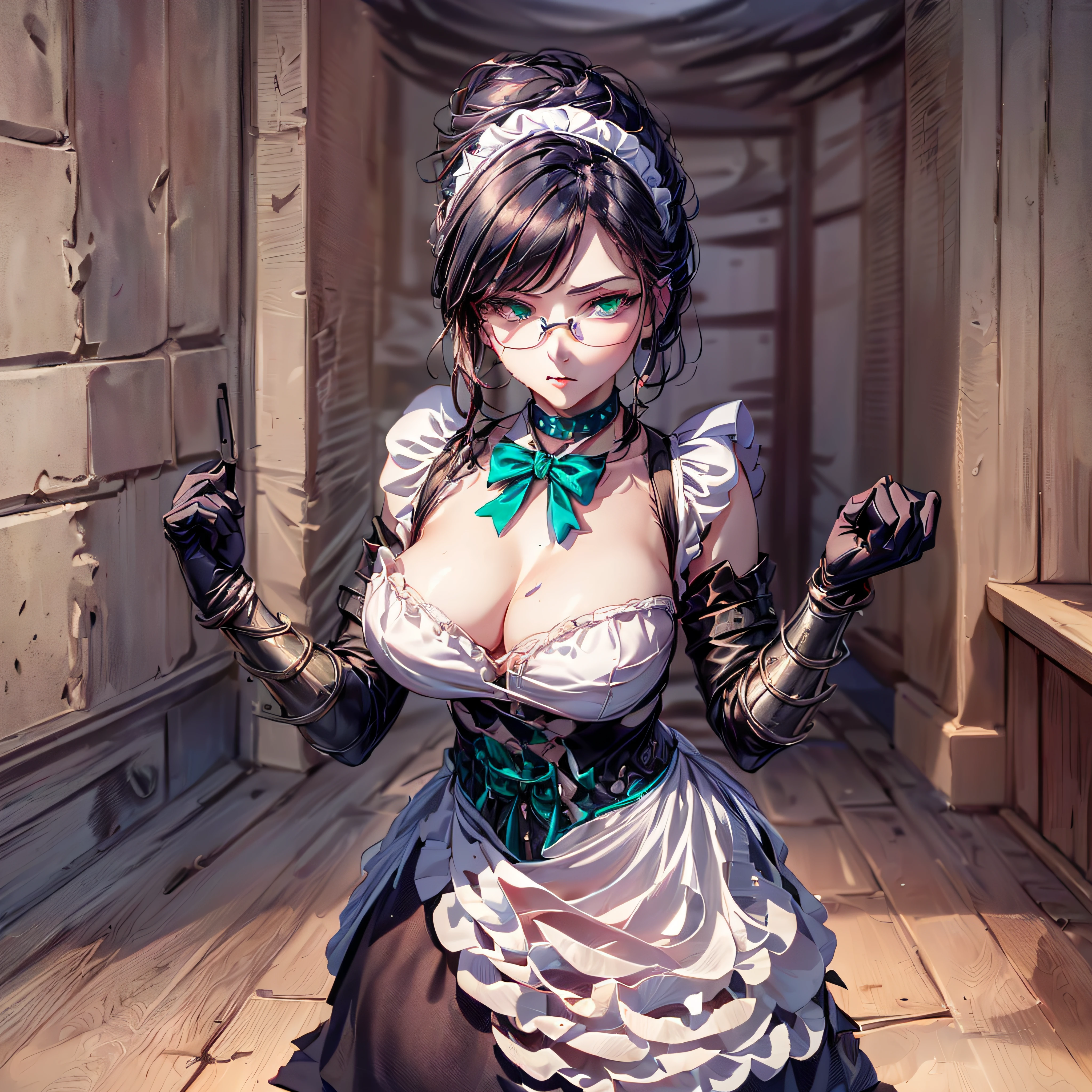 (1girl, yuri alpha:1.0), (anime overlord), (solo:1.4), (maid dress), (64k, UHD, Raw photo, highes, Best Quality, mastepiece:2.0), (Ultra-fine depiction of details:3.0), (a serious, loyal, hard-working maid head, the vice-captain of the "Pleiades Six Stars", the battle maid squad of the Great Tomb of Nazarick), (she is a battle maid, which means she is not only a maid but also a fighter who is specialized in close combat, a master of martial arts to expel enemies that invade the Great Tomb of Nazarick), (a beautiful, slender, woman with an intelligent look), black hair, (elegant, vivid blue bowtie, ribbon:1.3), (green wristband), (She is equipped with a pair of spiked gauntlets), (The gauntlets are highly elaborately designed, dark emerald green:1.5), (perfect face, perfect body, perfect figure, pink lips, slight blush), (cool, intellectual glasses), (slightly glowing blue eyes:1.3), (shiny sleek long hair, single hair bun, single braid bun, double bun), (silky, high-quality, majestic, gothic, ((low-key)), simple, long maid dress:1.5), (vivid blue gothic style choker:1.3), (pure white maid apron:1.2), (gigantic breasts:1.2), (sexy cleavage:1.1), inhouse, studying the orders issued by the master of [the Great Tomb of Nazarick, Ainz Ooal Gown], the room is filled with solemn atmosphere, ((long shot, full body shot:2.5)), (perfect lighting,)