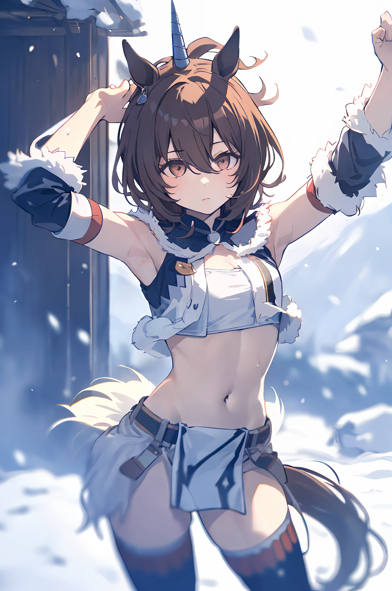 Very cute girl,(Umamusume,horse tail:1.1),snow mountains,1girl,Solo,brown hair,((kirin armor, bare thigh,navel,bare armpit,kirin hair)),dynamic angle,dynamic pose,BREAK (masterpiece, best quality,hyper detailed,correct anatomy,perfect anatomy, perfect hands,perfect fingers,shiny,chromatic aberration abuse,absurdres absolutely resolution,pastel color,unity 8k wallpaper,perfect lighting,beautiful face),