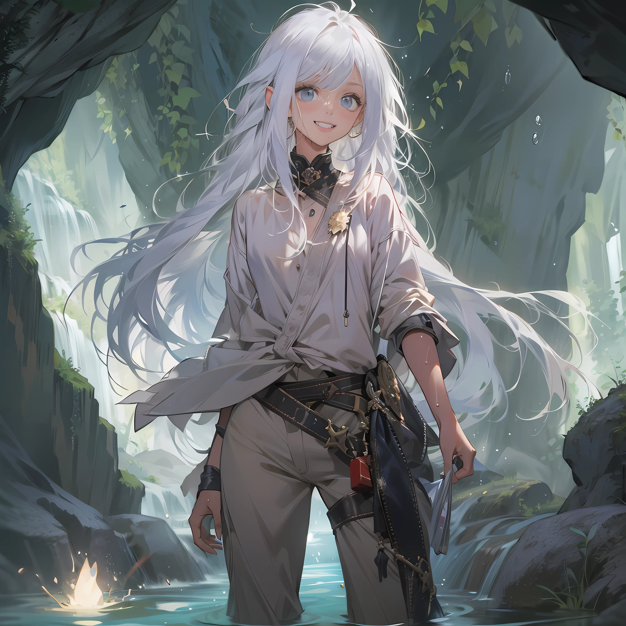 tmasterpiece, beste-Qualit, white colored hair, Very thin clothes, wet clothing, (In the cave), underground, The Big Cave, rivers, Glowing River, endearing smile