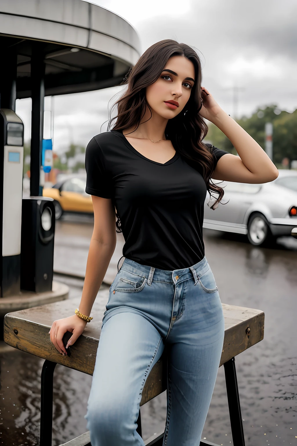 ((Best Quality, 8k, Masterpiece:1.3)), Focus: 1.2, Perfect Body Beauty: 1.4, Arabian 27 years old woman: 1.2, ((Black curly Hair)), (Steel gray plain round neck regular fit basic tee-shirt:1.1), no print on Teeshirt, basic full body length regular fitting tee-shirt, Dark grey skinny jeans, long jeans: 1.1, short sleeves black regular tee-shirt, Highly detailed face and skin texture, Detailed eyes, Double eyelids, toned body, Whitened skin, serious mood, large toned breasts, toned firm legs, high heel's, whitened skin, detailed black eyes, black wavy hairstyle, detailed face, middle eastern woman, baggy medium size basic tee-shirt, simple plain Baggy Tee-shirt, toned firm hips, 8K UHD, black anklet, model looks, apocalypse city, rainy weather, dark clouds, silver wrist watch, bracelet, bangle's, open legs style Posing, old gas station, sitting on a old wooden chair, high heels, detailed beautiful feets, detailed feets fingers and shape, dusty sunny weather, old petrol pump, rainy atmosphere, wet roads, model shoot style, she's near of Yellow Volkswagen Karmann Ghia, car visible in image, blue cloudy sky