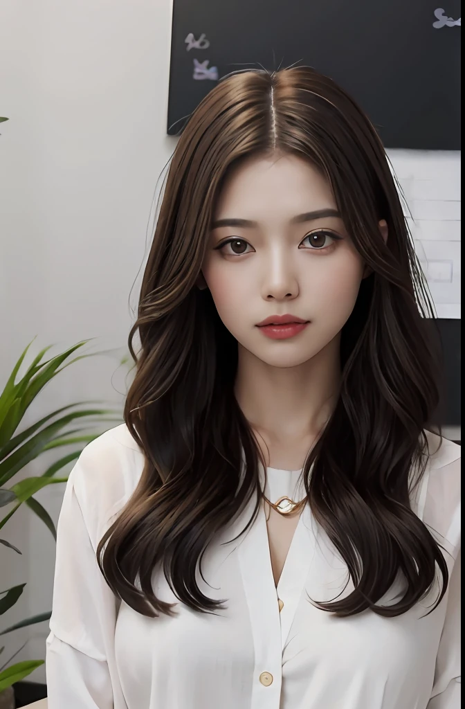 uma mulher, brown hair, olhos castanhos, Corpo em forma, cabelos longos, cabelo partido no meio, Cabelos lisos, de terno, in an office, office outfit, corpo detalhado, Olhos detalhados, master part, best quality, alta qualidade, RAW Camera, Realistic, pessoa real, korean