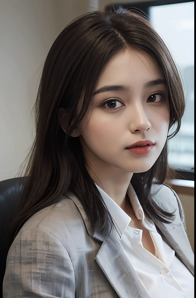 uma mulher, brown hair, olhos castanhos, Corpo em forma, cabelos longos, cabelo partido no meio, Cabelos lisos, de terno, in an office, office outfit, corpo detalhado, Olhos detalhados, master part, best quality, alta qualidade, RAW Camera, Realistic, pessoa real, korean