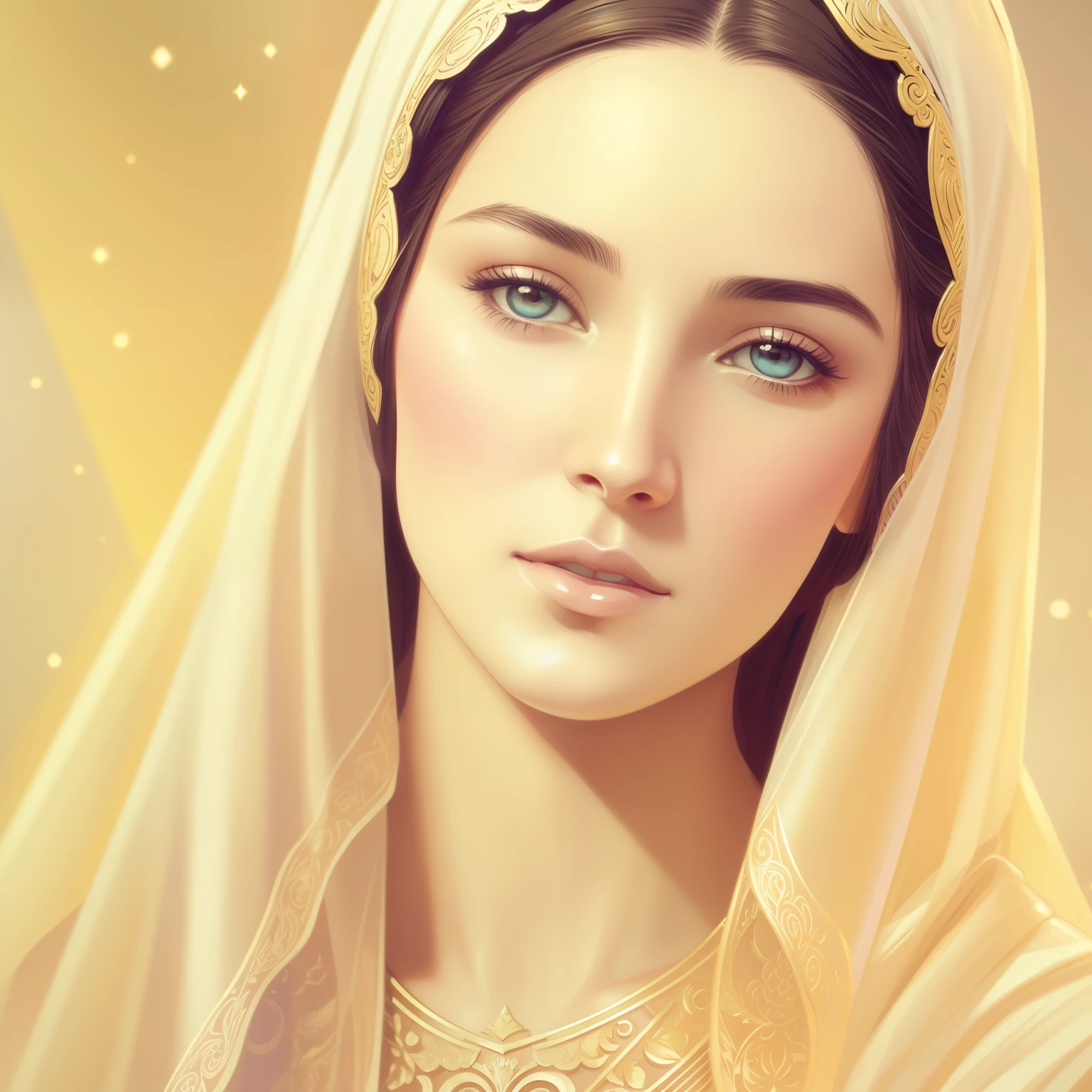 The Virgin Mary. MUJER CAUCASICA. 19 years old, DULCE Y LA INOCENTE MIRADA ANGELICAL, Alta calidad, obra maestra, rasgos faciales exquisitos, cabello exquisito, ojos exquisitos, cabello de color exquisito, calidad de imagen 4K, hermosa luz y sombra, efecto Tyndall, halo, cabello desordenado, estado joven, escena hermosa, ropa exquisita, cadenas, plumas, belleza antigua con ojos grandes muy detallados, pintura digital, artstation, arte conceptual, foco nítido, illustration, arte de greg rutkowski y alphonse mucha y victo ngai