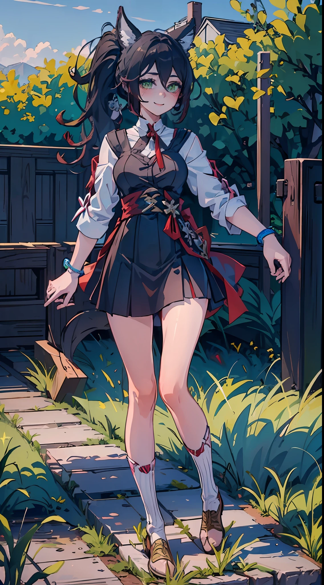 (child body:1.3), 1girl, official, green eyes, looking at viewer, (masterpiece, best quality:1.2), (solo), (1girl), best quality, (photorealistic:1.4),ultra detailed, solo, (full body:1.5), standing, love in eyes, double ponytail, blushing, cute, smile, school uniform, long sleeves, miniskirt
