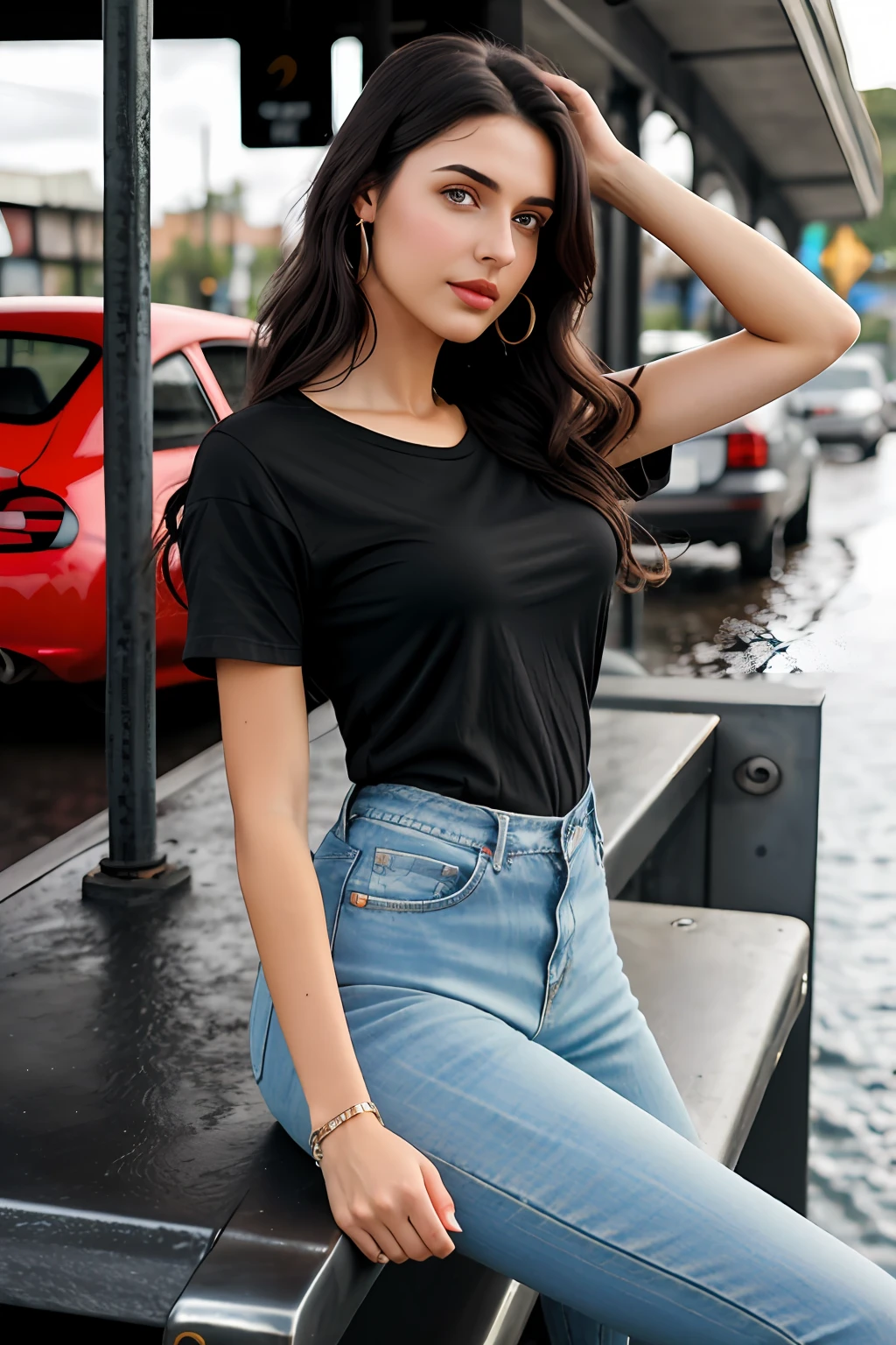 ((Best Quality, 8k, Masterpiece:1.3)), Focus: 1.2, Perfect Body Beauty: 1.4, Arabian 27 years old woman: 1.2, ((Black curly Hair)), (Steel gray plain round neck regular fit basic tee-shirt:1.1), no print on Teeshirt, basic full body length regular fitting tee-shirt, Dark grey skinny jeans, long jeans: 1.1, short sleeves black regular tee-shirt, Highly detailed face and skin texture, Detailed eyes, Double eyelids, toned body, Whitened skin, serious mood, large toned breasts, toned firm legs, high heel's, whitened skin, detailed black eyes, black wavy hairstyle, detailed face, middle eastern woman, baggy medium size basic tee-shirt, simple plain Baggy Tee-shirt, toned firm hips, 8K UHD, black anklet, model looks, apocalypse city, rainy weather, dark clouds, silver wrist watch, bracelet, bangle's, open legs style Posing, old gas station, sitting on a old wooden chair, high heels, detailed beautiful feets, detailed feets fingers and shape, dusty sunny weather, old petrol pump, rainy atmosphere, wet roads, model shoot style, she's near of Yellow Volkswagen Karmann Ghia, car visible in image, blue cloudy sky