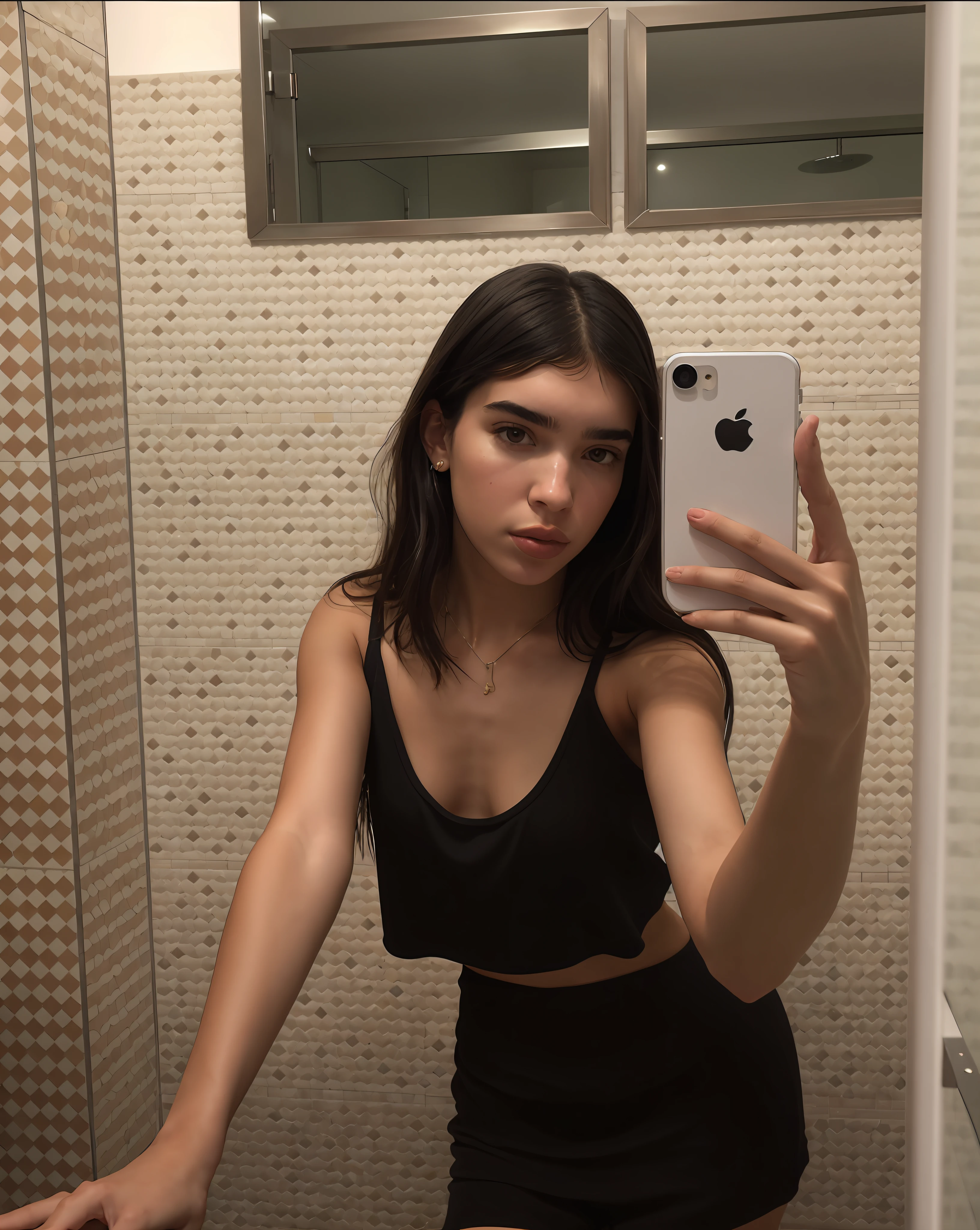there is a woman taking a selfie in a bathroom mirror, 2 Modelo feminina de 4 anos, selfie de uma jovem mulher, she is wearing a black tank top, Selfie espelho, 18 anos, no banheiro, Selfie, Retrato Sophie Mudd, Modelo do Instagram, Foto selfie 8k, 1 8 I, cerveja madison, Dua Lipa, foto selfie, iphone selfie