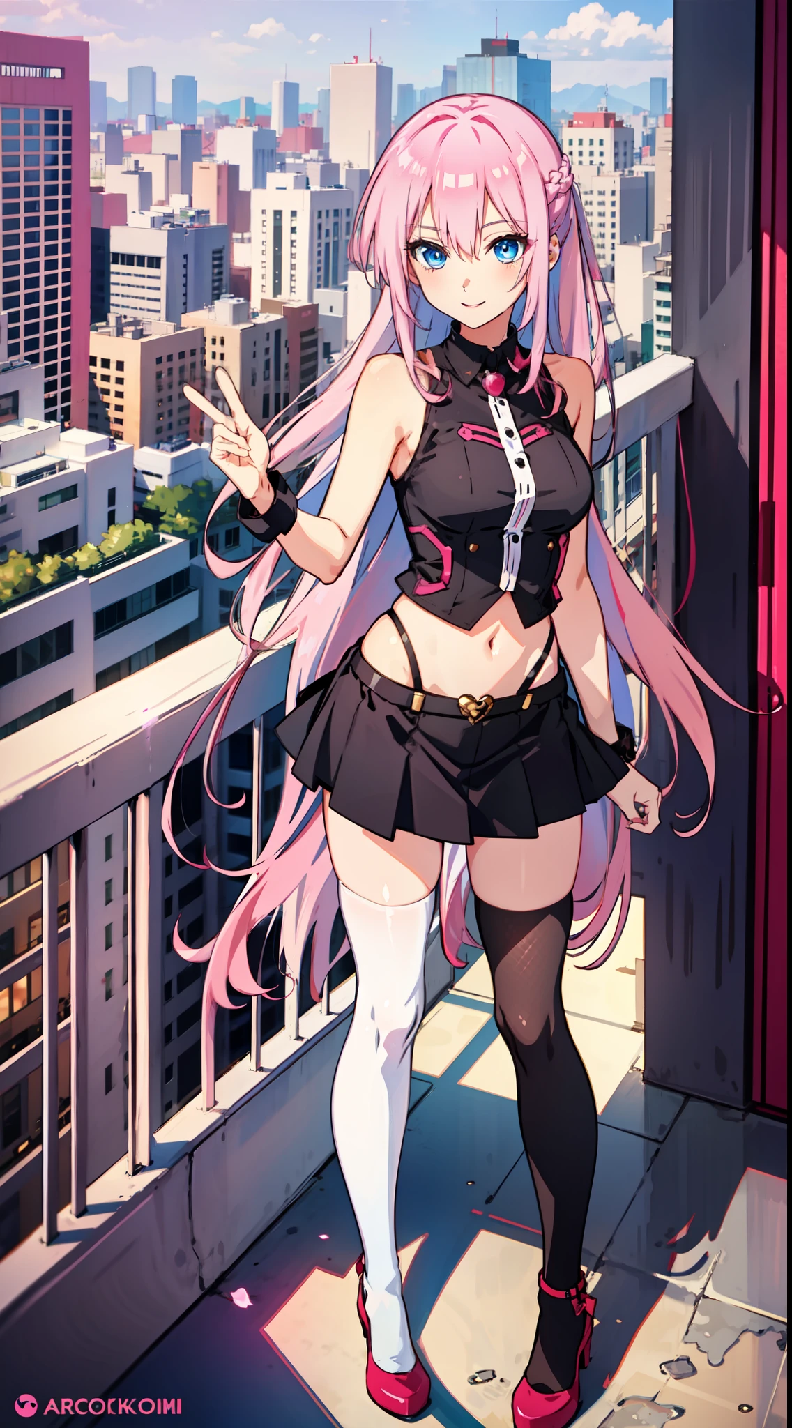 shikimori, slim legs, exposed navel, short skirt, beautiful eyes, blue eyes, happy, pink hair, long hair, thigh high socks, balcony, full body,