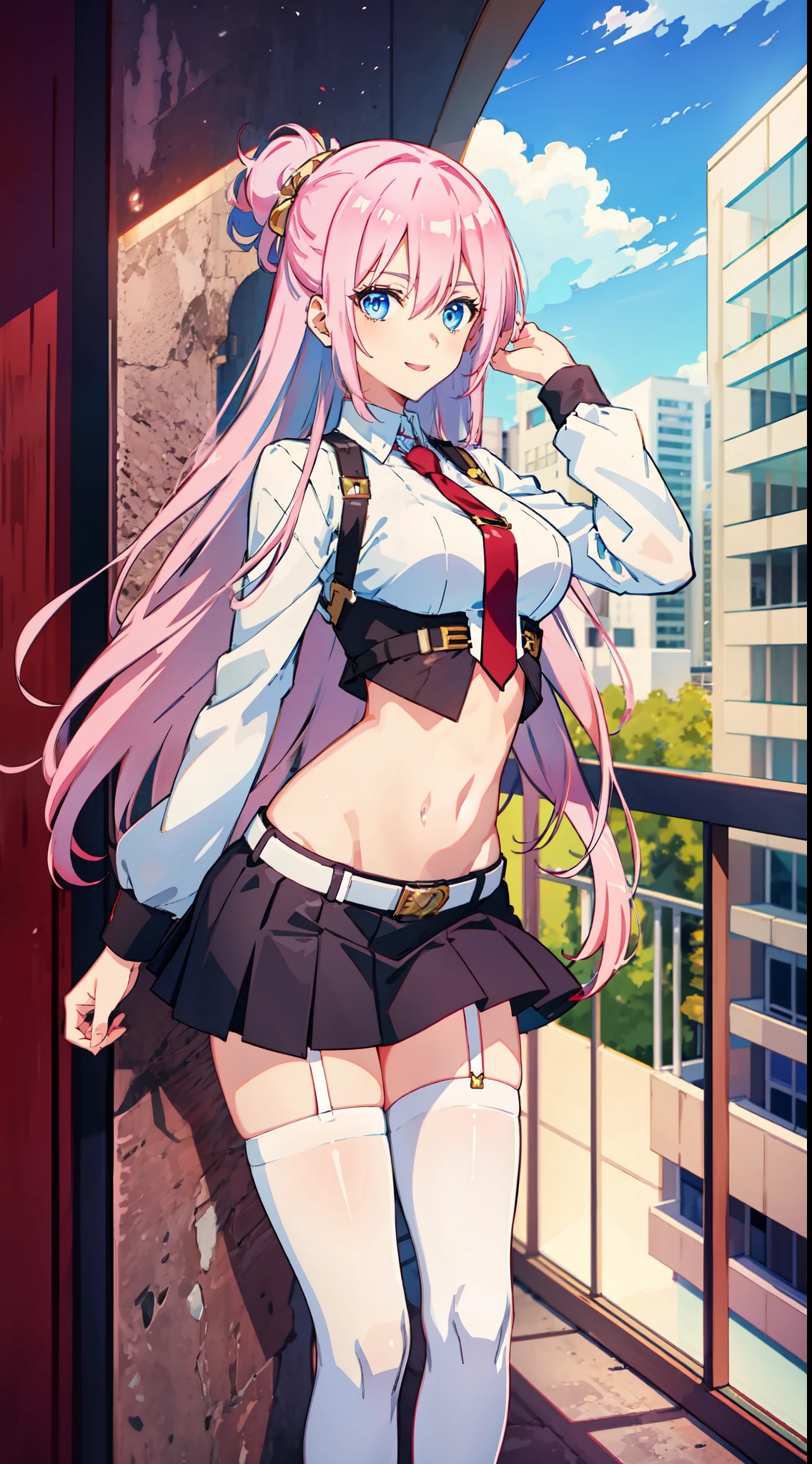shikimori, slim legs, exposed navel, short skirt, beautiful eyes, blue eyes, happy, pink hair, long hair, thigh high socks, balcony, full body,