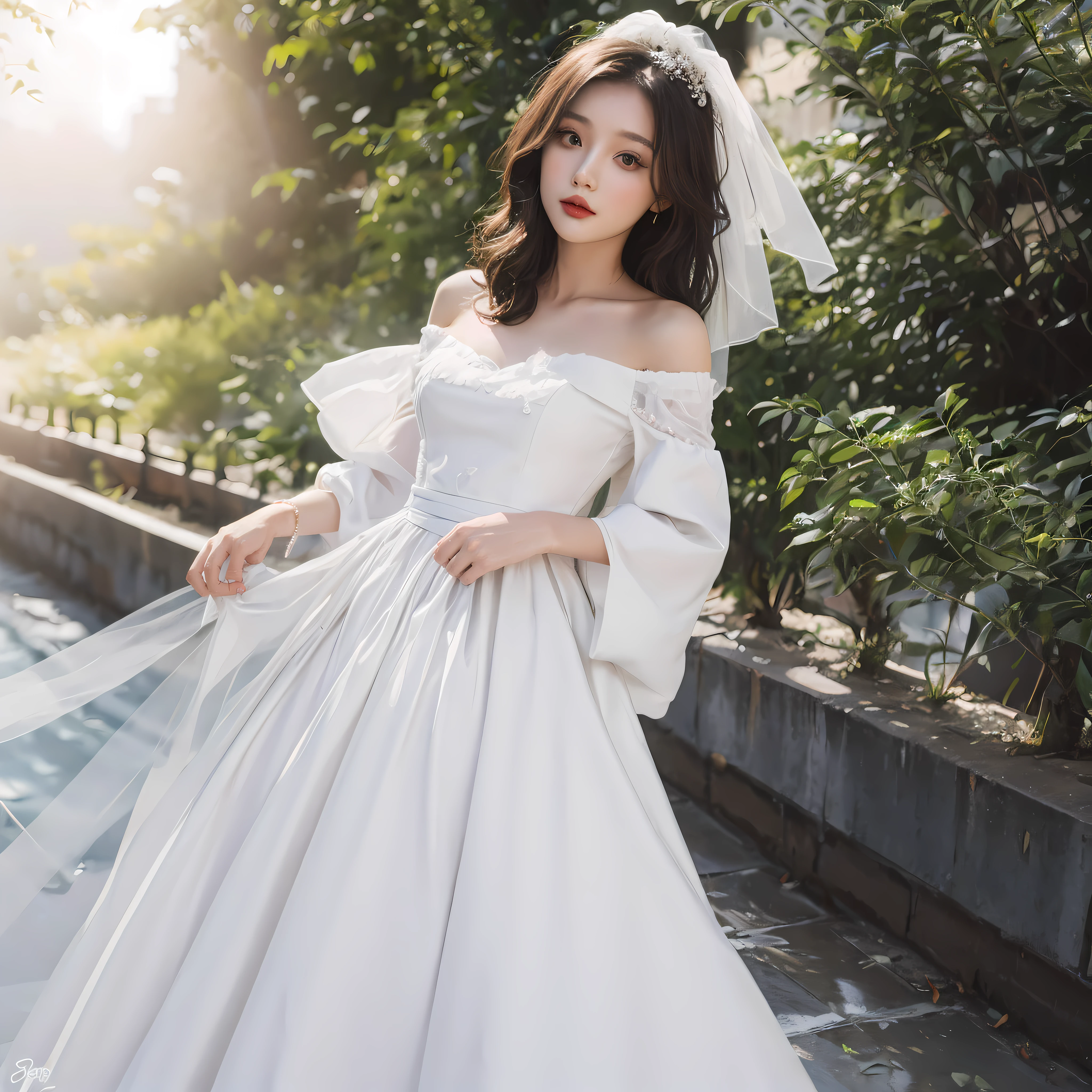 Beautiful 22 year old young lady perfect height ratio wearing white wedding tight dress, off-the-shoulder waist ribbon, slender fingers