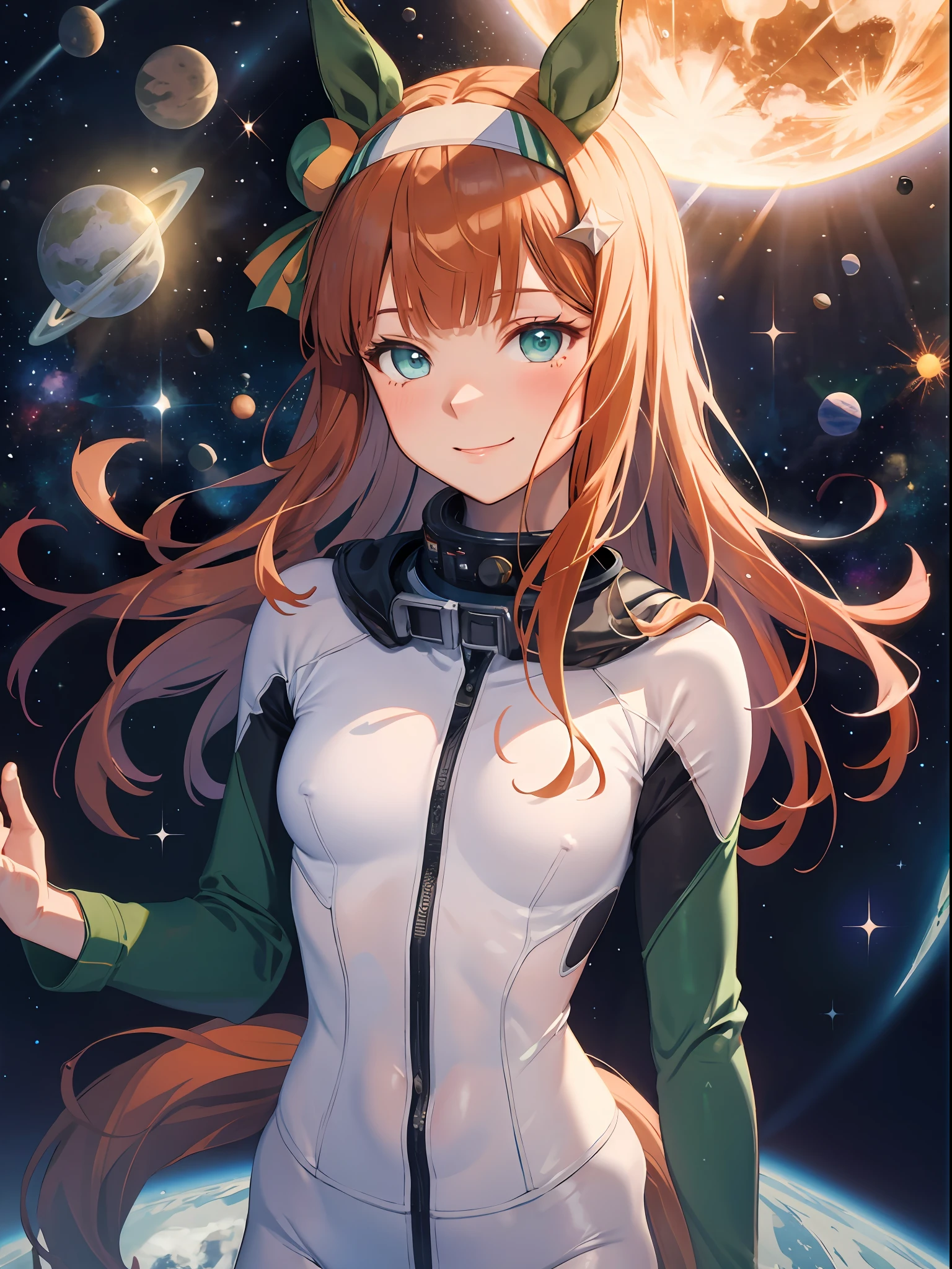 topquality, Horse Girl, Quiet Suzuka, ((Uma Musume))), Perfect skin, realisic skin, Detail Skin, 8K, (Breasts are small:1.4)Cosmanafta costume, (pours in the air), The girl looks at us, ssmile, joying, brown hair, hairlong, Cyan eyes, horse ears, horse's tail on the lower back, it's hard to breathe, spacesuit, outer space, Earth in space, The Sun in Space, light reflection, Stars