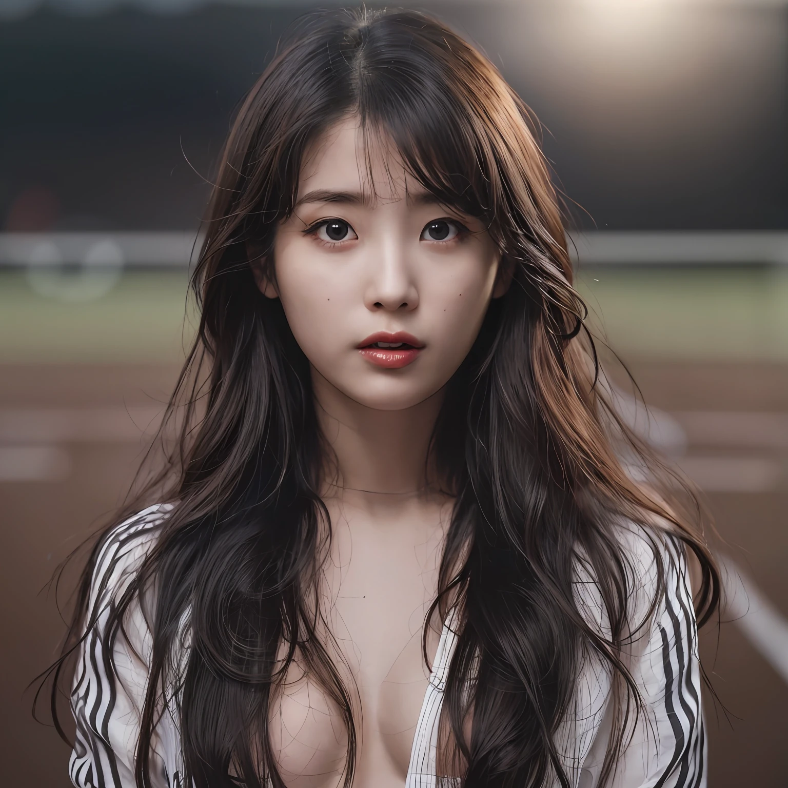 nikon RAW photo,8 k,Fujifilm XT3,photorealistic,realistic, solo, photorealistic, best quality, ultra high res, (skin spots:0.1) hot expression, , standing against a soccer field, woman football tight sexy suit, football lady clothes, masterpiece, best quality, extremely detailed face, perfect lighting, solo,1girl, sexy sight best quality, ultra high res, photorealistic, ultra detailed, masterpiece, best quality, iu1, tiny nice butt, photoshoot
