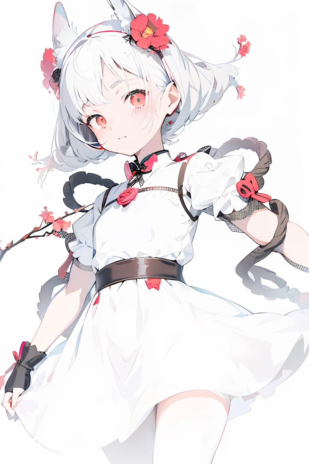 Anime girl in white dress with red flowers and black ears, Guviz, Official artwork, From Arknights, anime visual of a cute girl, Guweiz in Pixiv ArtStation, loli in dress, high detailed official artwork, Guviz-style artwork, lollipop, Loli, Official anime artwork, shikamimi,Small pulls on the sides of the hair give birth to shoots,The branches on her body grabbed the girl's arms and waist like thin hands。