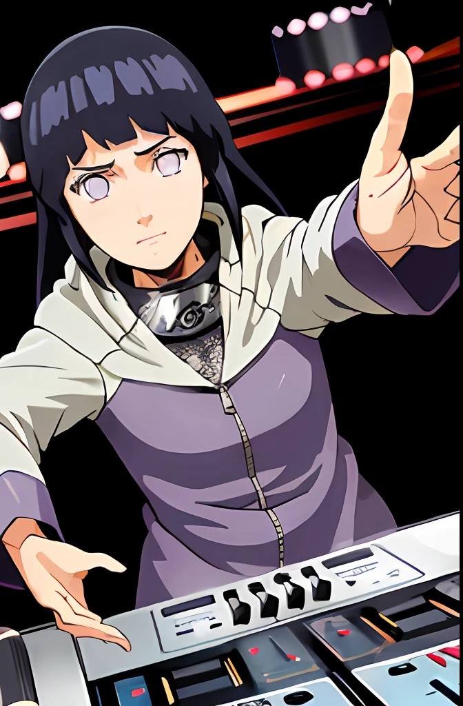 "A solo shot featuring hinata\(shippuden\)
hooded jacket headband around neck,konohagakure symbol a DJ, showcasing her skills on the turntables at a vibrant rave."