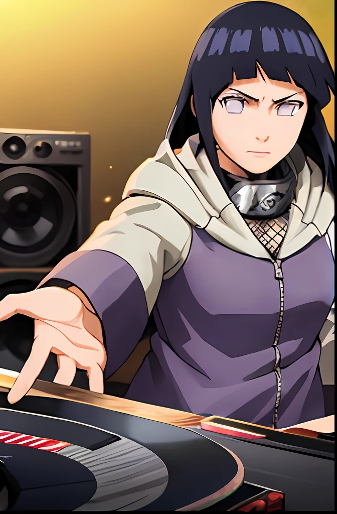 "A solo shot featuring  hinata\(shippuden\)
hooded jacket headband around neck,konohagakure symbol  a DJ, showcasing her skills on the turntables at a vibrant rave."