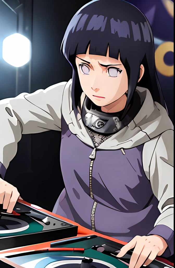 "A solo shot featuring hinata\(shippuden\)
hooded jacket headband around neck,konohagakure symbol a DJ, showcasing her skills on the turntables at a vibrant rave."