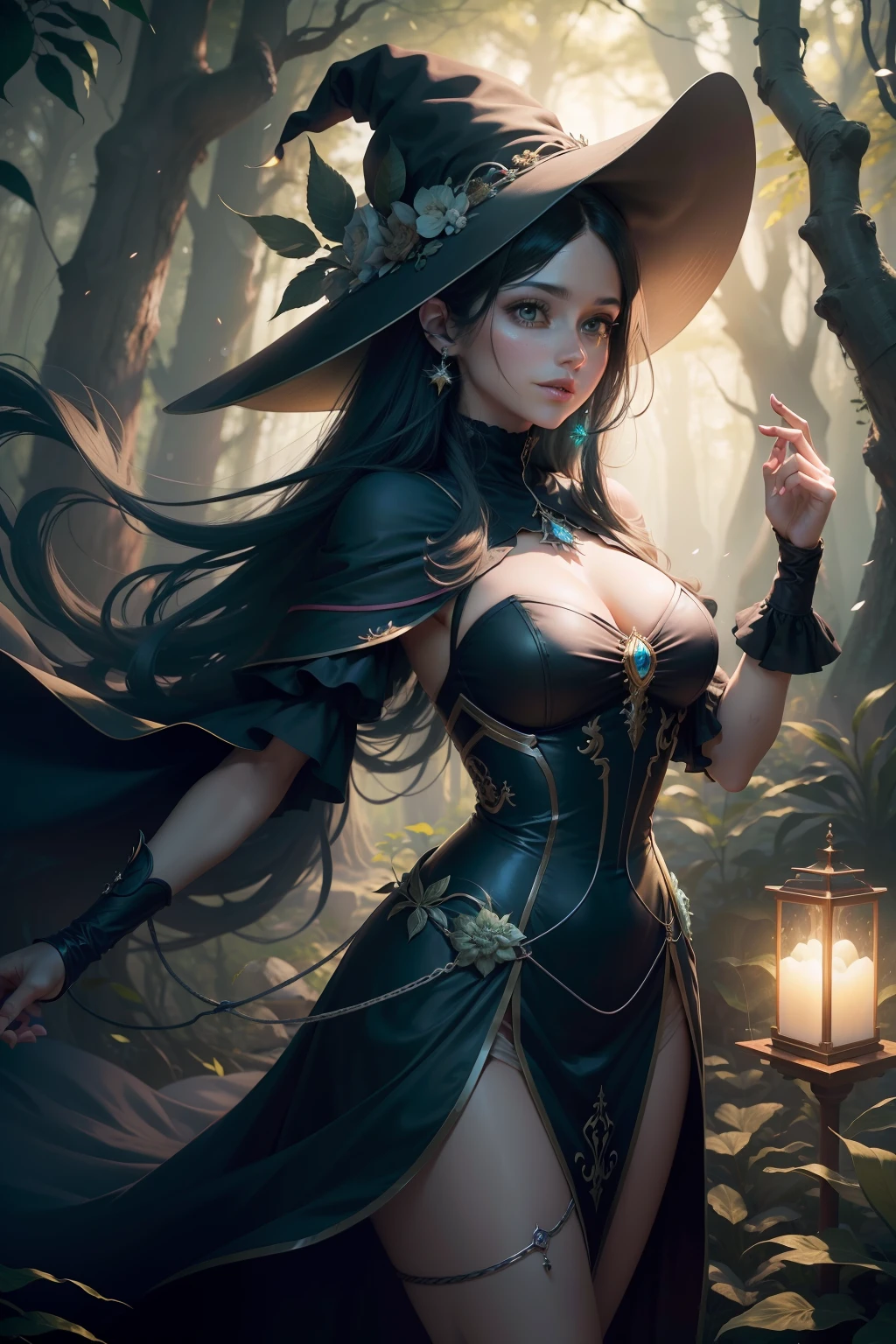 (melhor qualidade, obra-prima, realista, detalhado), 8k CG, arte perfeita, 1 menina, mulher sueca adulta, esbelta, sardas, solo, olhos marejados, cabelo longo castanho claro, retrato, olhando para baixo, solo, (corpo inteiro: 0.6), fundo detalhado, sorriso claro, witch hat, bruxa, magical ambiance, cabelo fluindo no vento, verde aparado roupas de cor escura, colorful magic spell bright in the air, Rotating portal, magia escura, (estilo-redemoinho: 0.8), particle floating, fundo escuro sinistro da floresta, corrente ascendente, retroiluminação,
