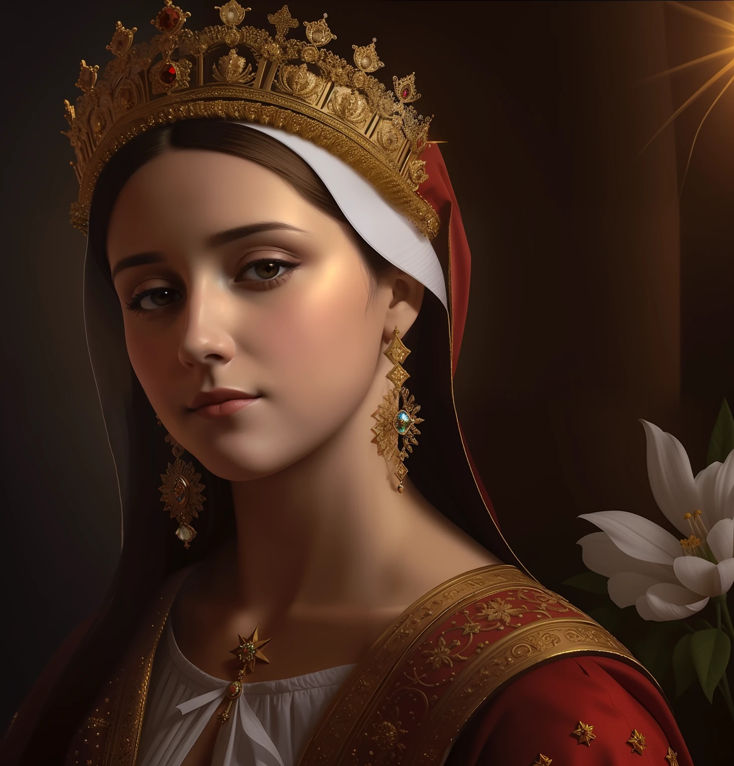 Pintura de una mujer con una corona y una flor en la mano, Majestuosa Santa Mujer, portrait of virgin mary, Pintura digital barroca, Pintura digital renacentista, Reina del Cielo, Retrato realista renacentista, Retrato de obra maestra religiosa, Un impresionante retrato de una diosa, Retrato de una hermosa diosa, Retrato de una princesa, 3 D Retrato de la Diosa, virgin mary, Retrato de la Reina de la Luz