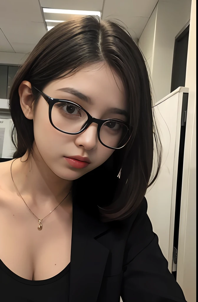 uma mulher, brown hair, olhos castanhos, Corpo em forma, cabelos longos, cabelo partido no meio, Cabelos lisos, de terno, in an office, office outfit, corpo detalhado, Olhos detalhados, master part, best quality, alta qualidade, RAW Camera, Realistic, pessoa real, korean, wearing glasses